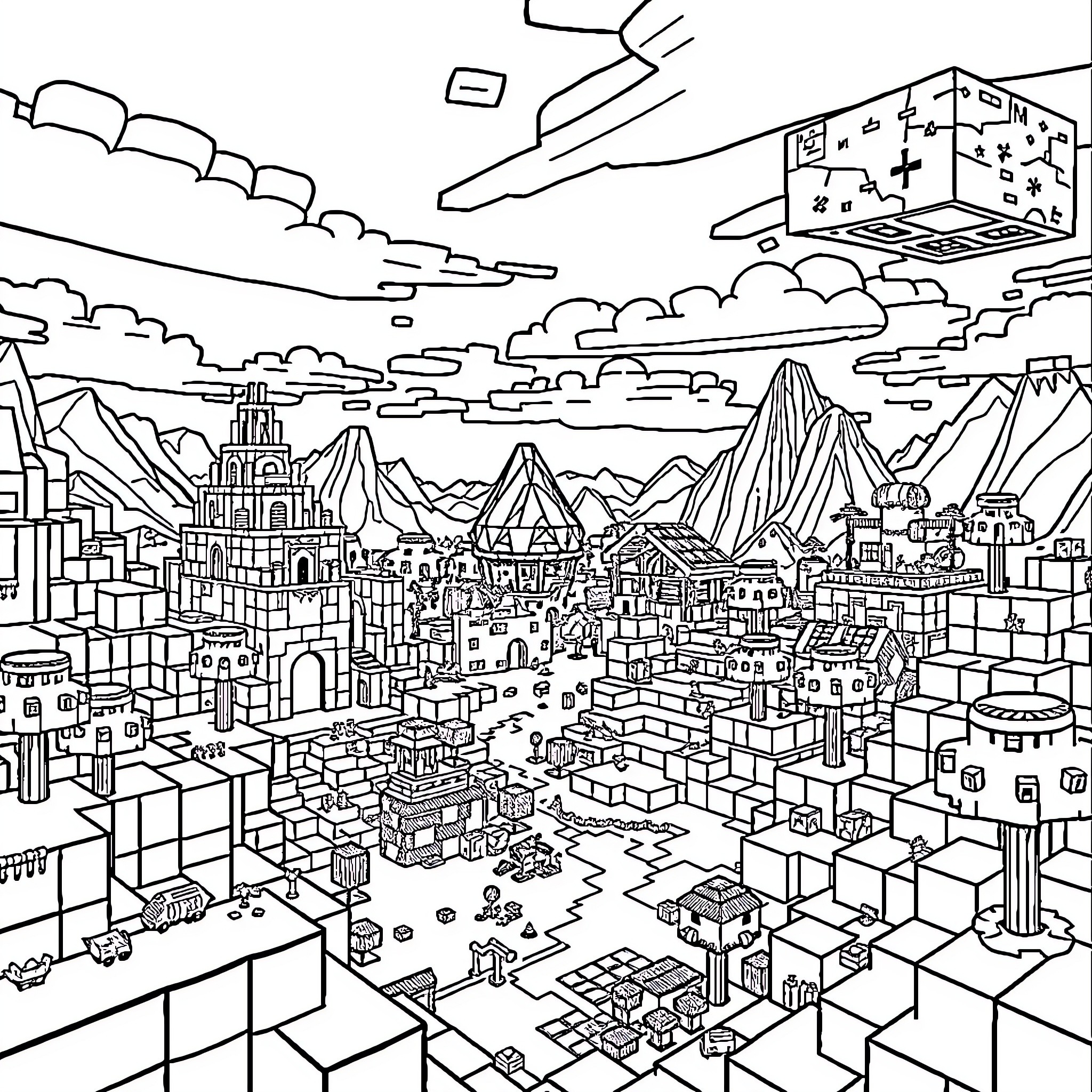 Minecraft Cityscape with Floating Structures Coloring Page (free black-and-white line drawing printable PDF for all, from beginners to advanced learners, including children, teens, adults, and seniors)