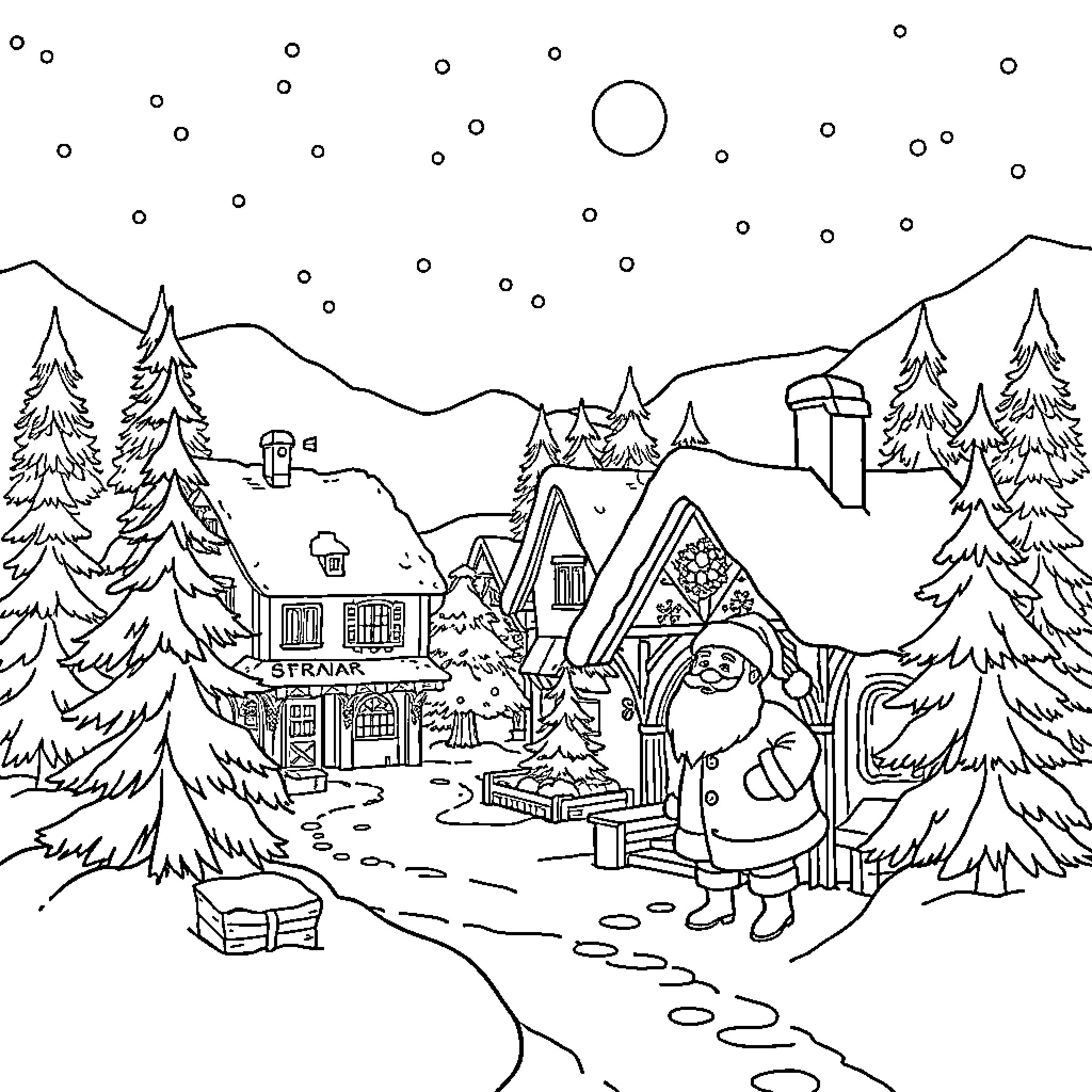 Santa Claus exploring a snowy winter wonderland Coloring Page (free black-and-white line drawing printable PDF for all, from beginners to advanced learners, including children, teens, adults, and seniors)
