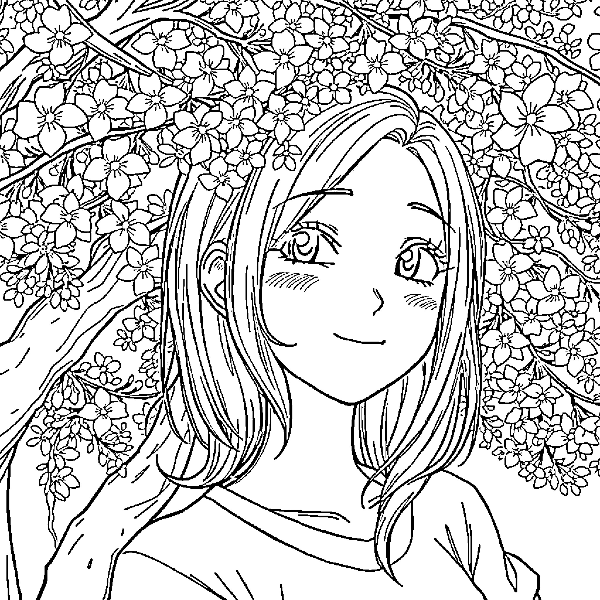 Anime Woman surrounded by Blooming Flowers Coloring Page (free black-and-white line drawing printable PDF for all, from beginners to advanced learners, including children, teens, adults, and seniors)
