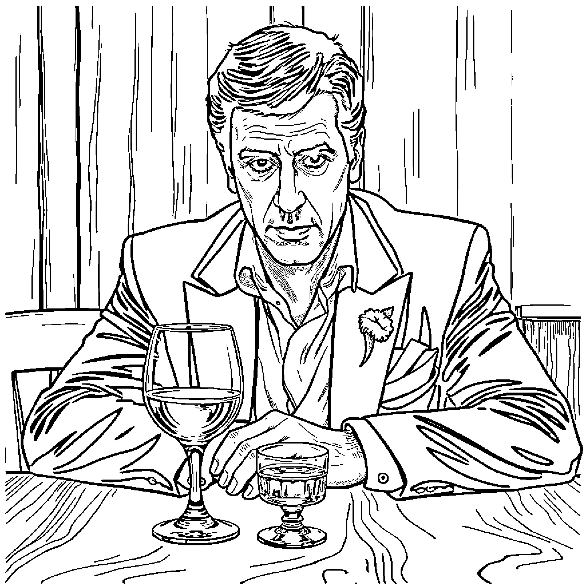 Al Pacino in contemplative pose with wine glass Coloring Page (free black-and-white line drawing printable PDF for all, from beginners to advanced learners, including children, teens, adults, and seniors)
