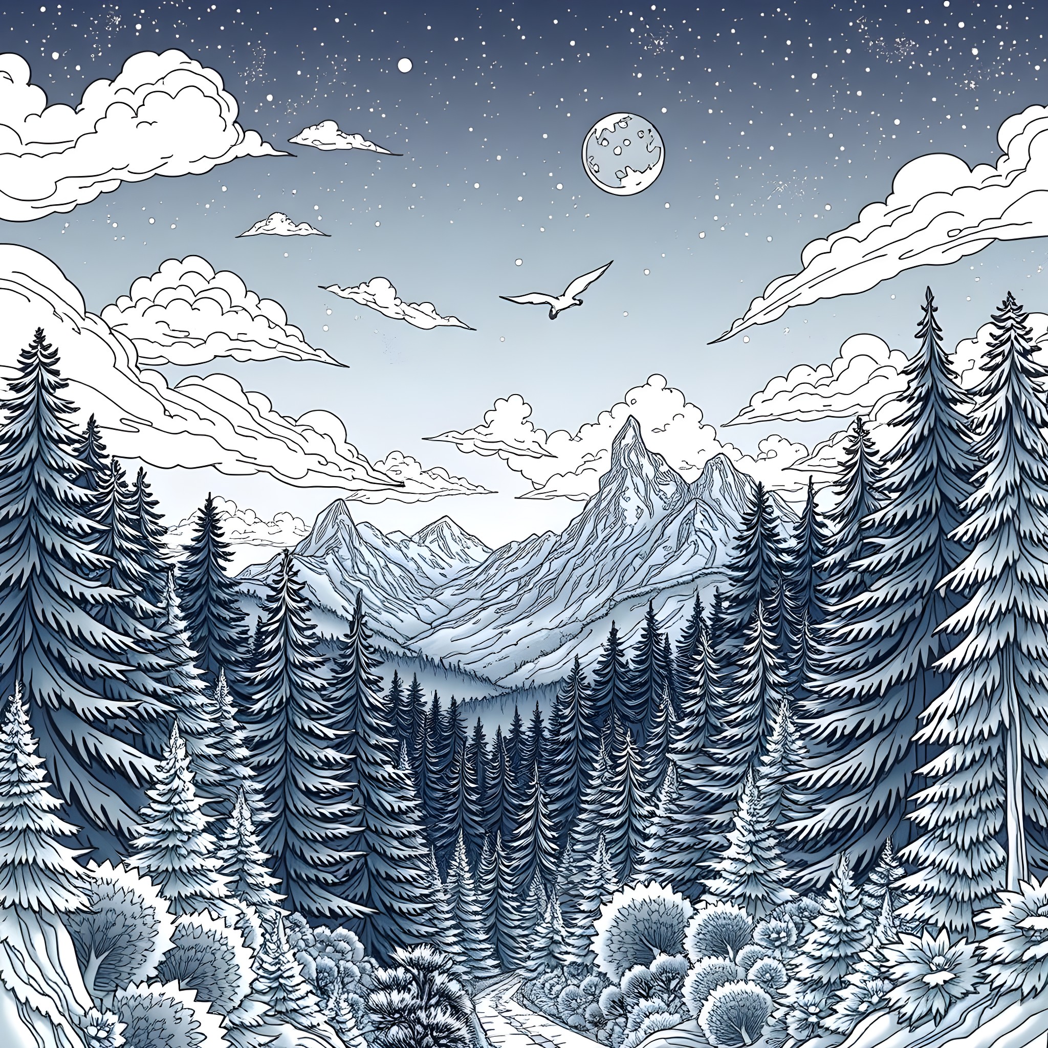 Nature's Tranquil Winter Wonderland Coloring Page (free black-and-white line drawing printable PDF for all, from beginners to advanced learners, including children, teens, adults, and seniors)