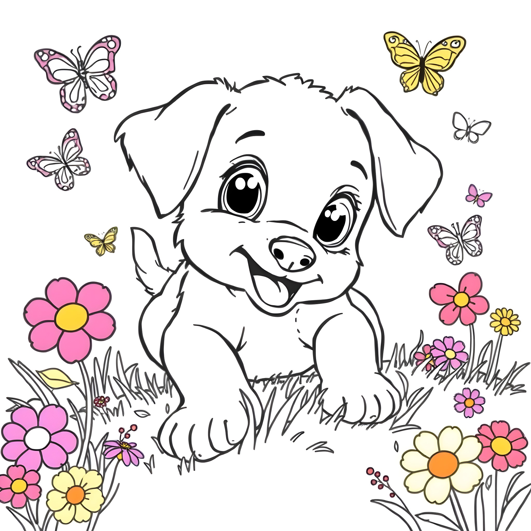 Puppy surrounded by cheerful butterflies and flowers Coloring Page (free black-and-white line drawing printable PDF for all, from beginners to advanced learners, including children, teens, adults, and seniors)