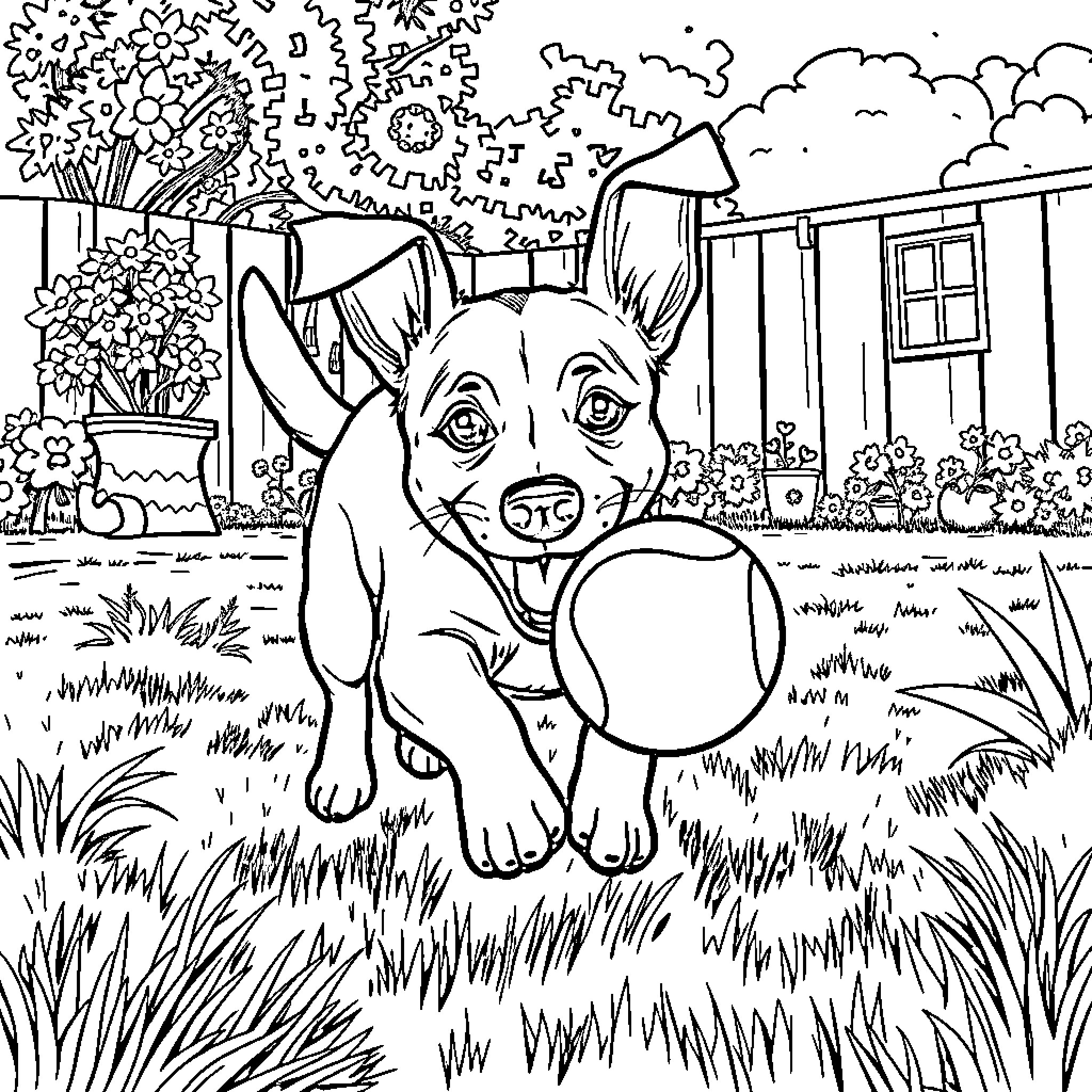 Jack Russell terrier playing in a garden Coloring Page (free black-and-white line drawing printable PDF for all, from beginners to advanced learners, including children, teens, adults, and seniors)