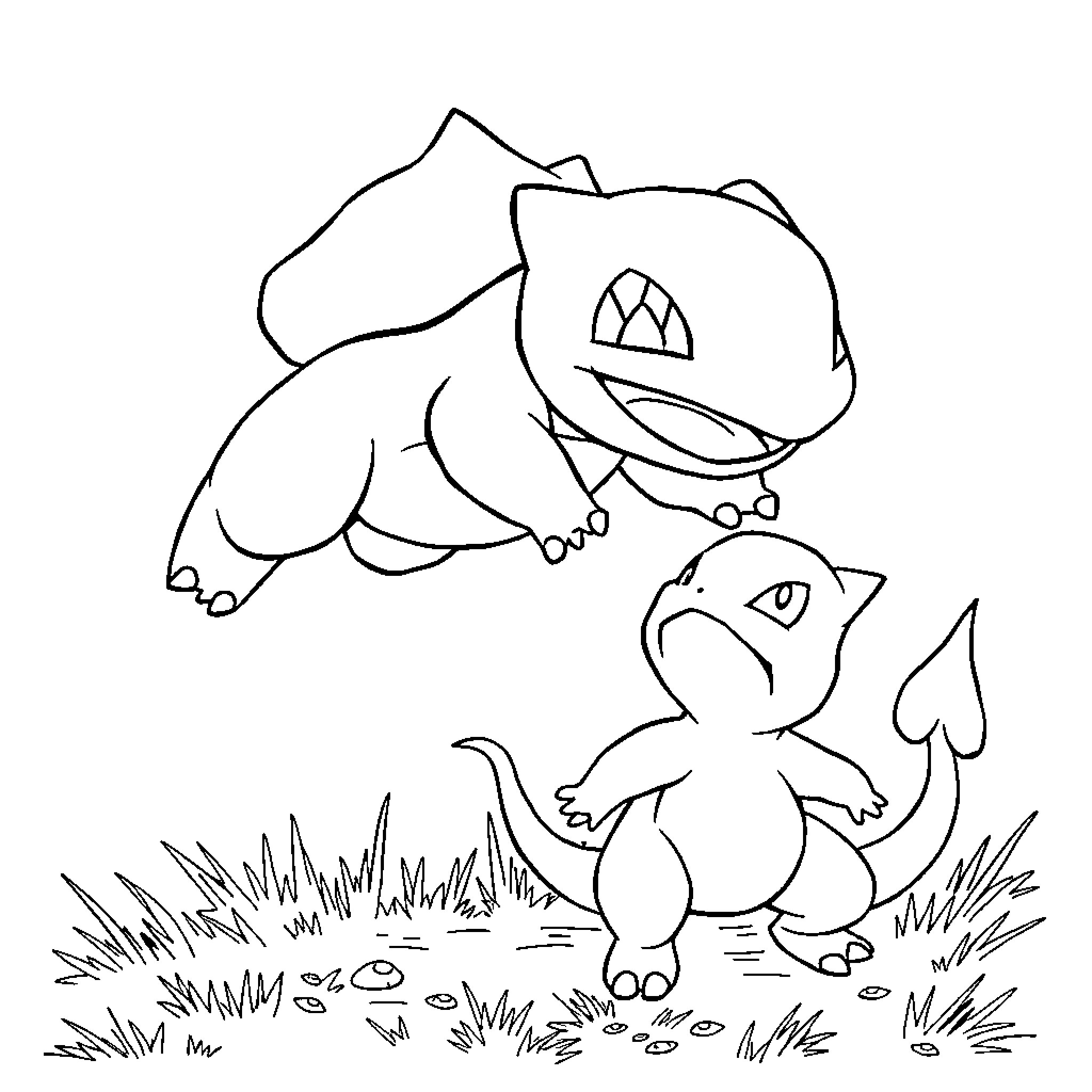 Bulbasaur facing off against a rival Pokémon Coloring Page (free black-and-white line drawing printable PDF for all, from beginners to advanced learners, including children, teens, adults, and seniors)