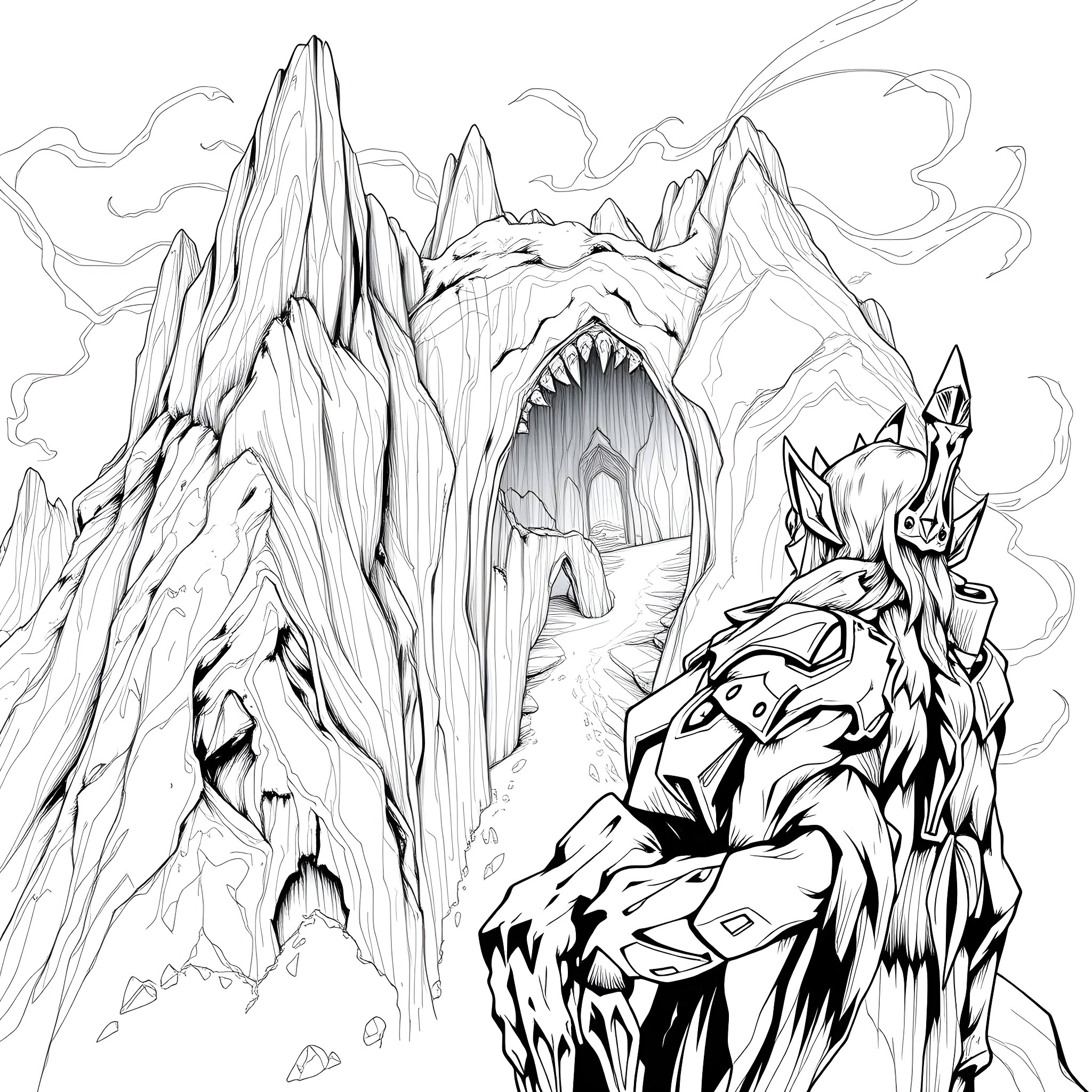 Warrior Stands Triumphant in Icy Fortress Coloring Page (free black-and-white line drawing printable PDF for all, from beginners to advanced learners, including children, teens, adults, and seniors)