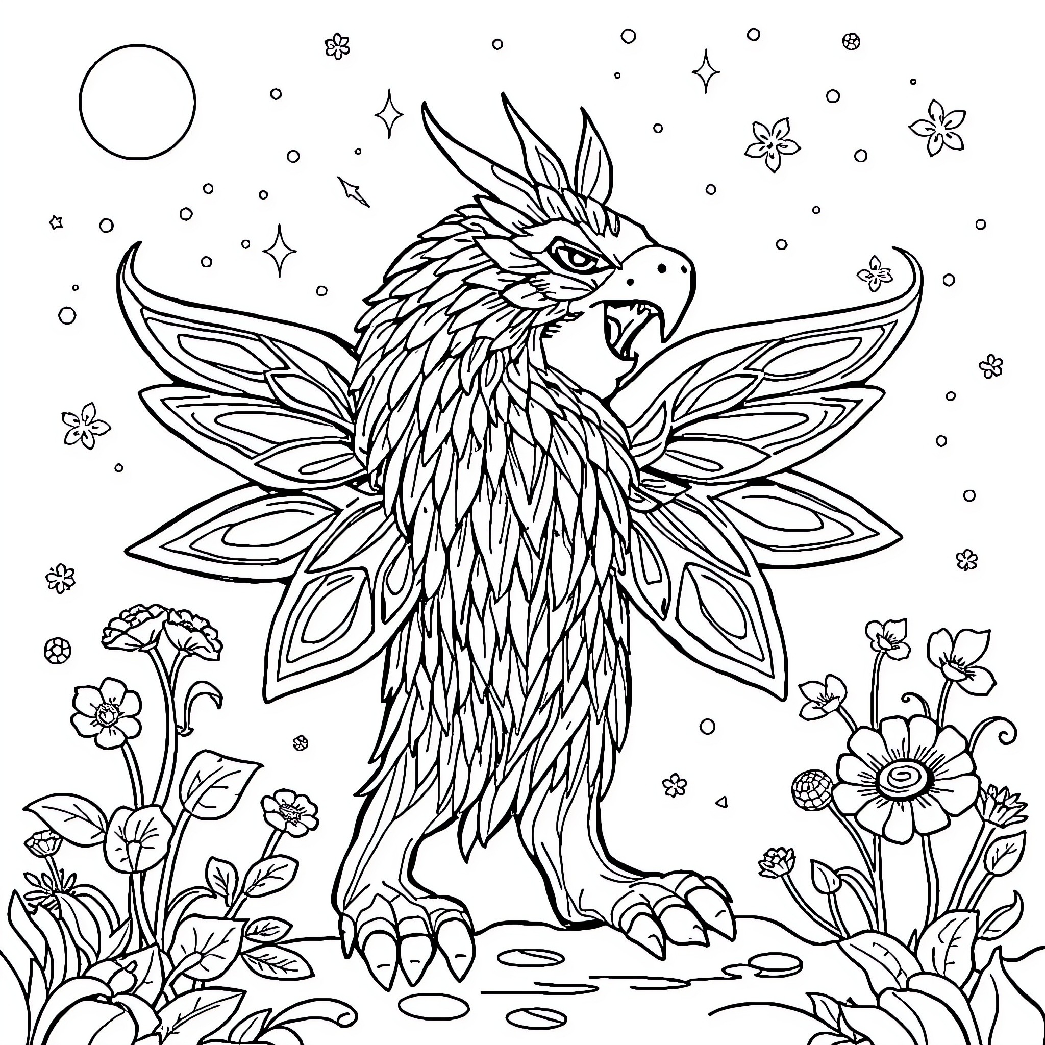 Magic Mythical Parrot Surrounded by Enchanting Flowers Coloring Page (free black-and-white line drawing printable PDF for all, from beginners to advanced learners, including children, teens, adults, and seniors)