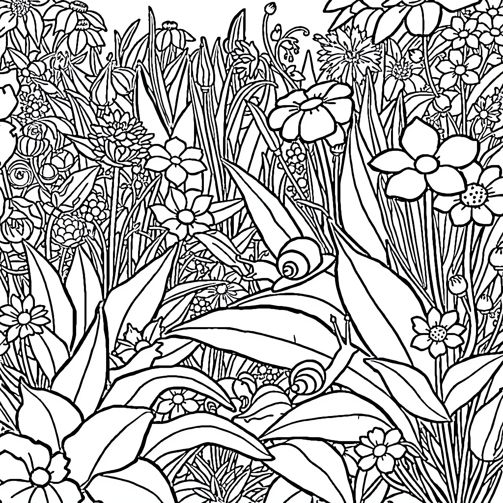 Snail exploring the vibrant floral garden Coloring Page (free black-and-white line drawing printable PDF for all, from beginners to advanced learners, including children, teens, adults, and seniors)