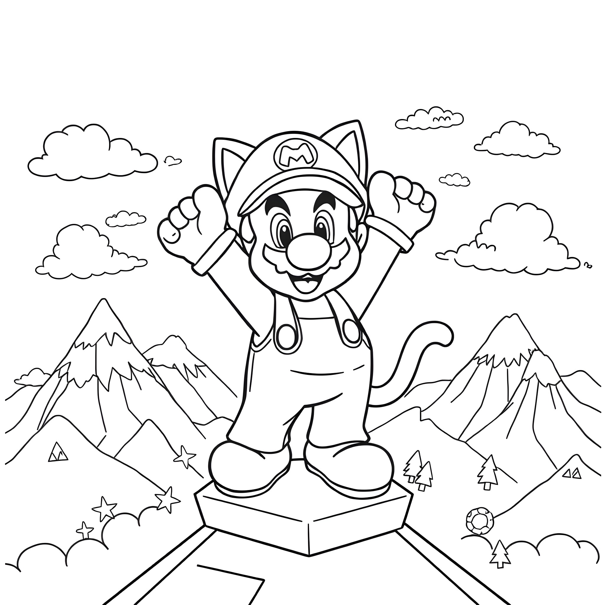Mario jumping with excitement in the mountainous landscape Coloring Page (free black-and-white line drawing printable PDF for all, from beginners to advanced learners, including children, teens, adults, and seniors)