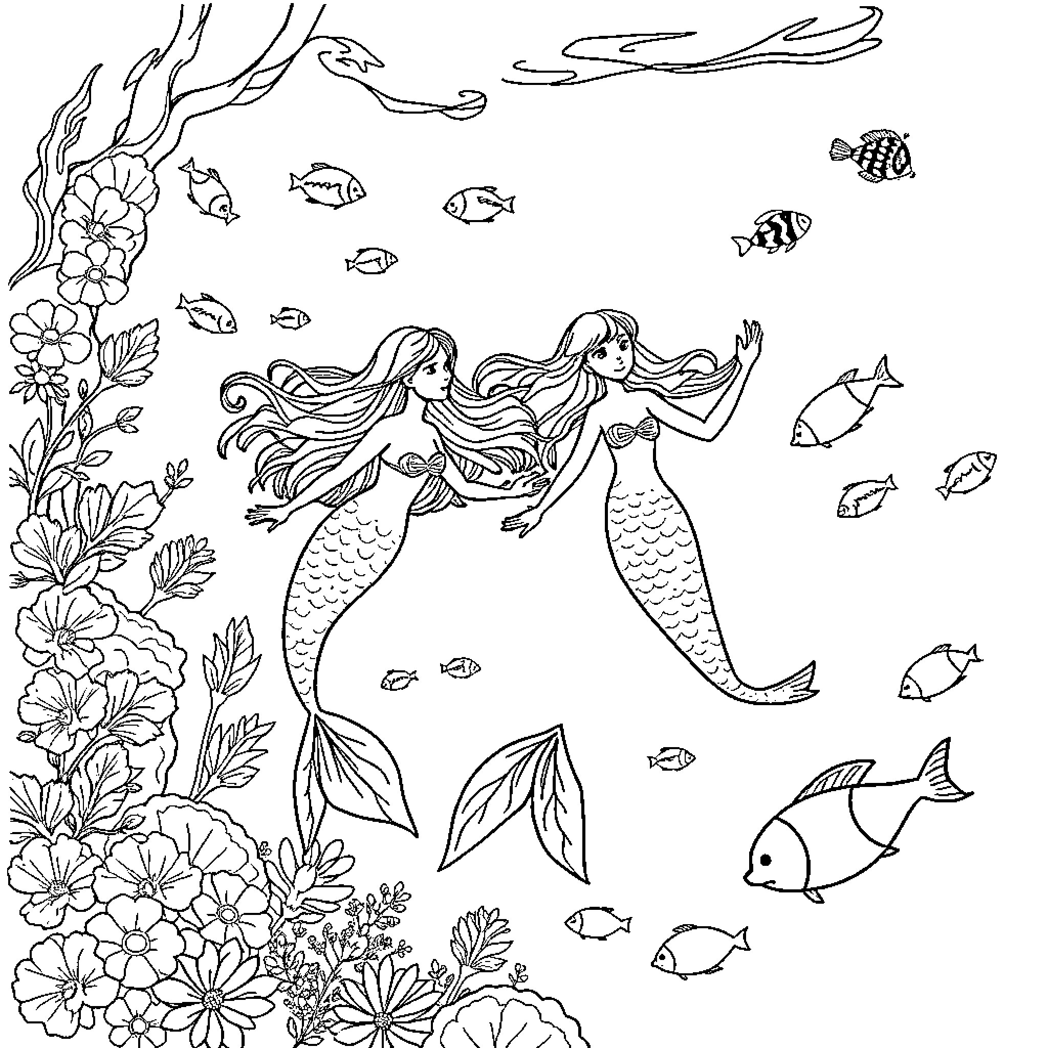 Mermaid sisters swimming in the underwater garden Coloring Page (free black-and-white line drawing printable PDF for all, from beginners to advanced learners, including children, teens, adults, and seniors)