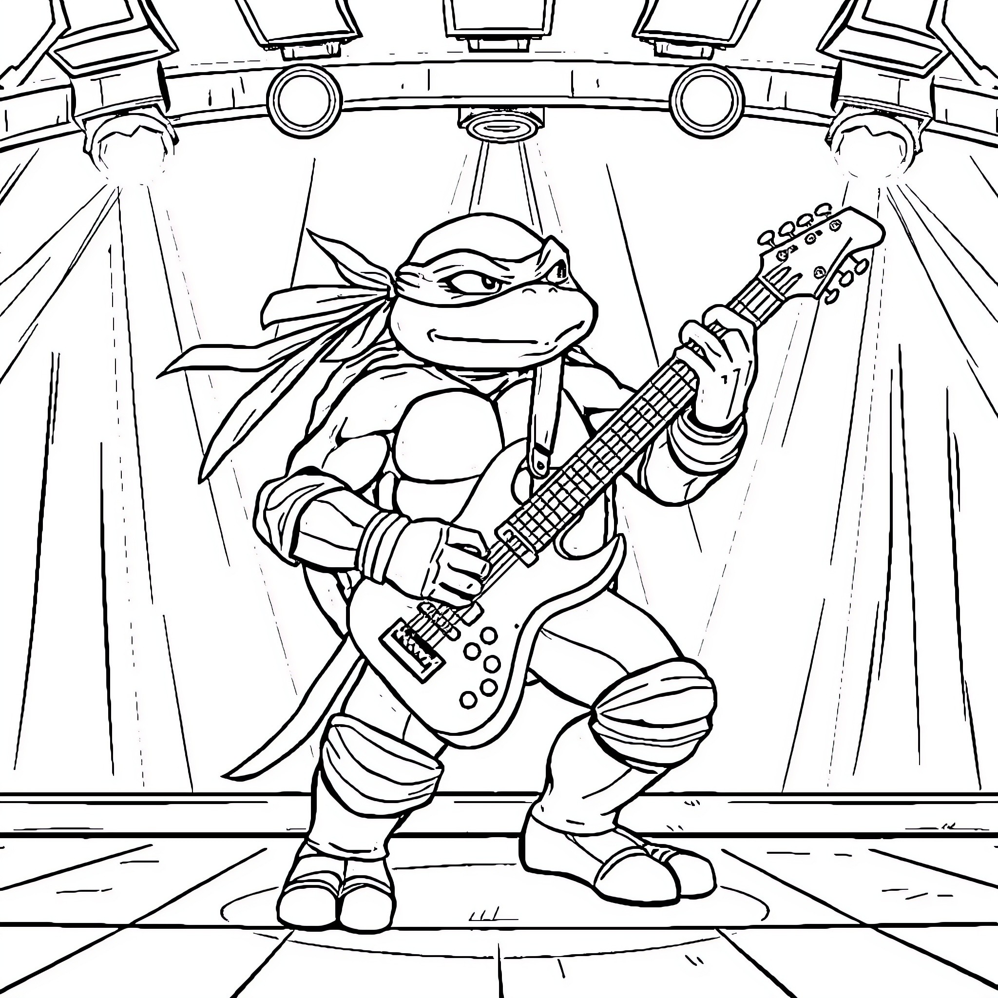 Turtle Rocking Out on Stage with Guitar Coloring Page (free black-and-white line drawing printable PDF for all, from beginners to advanced learners, including children, teens, adults, and seniors)