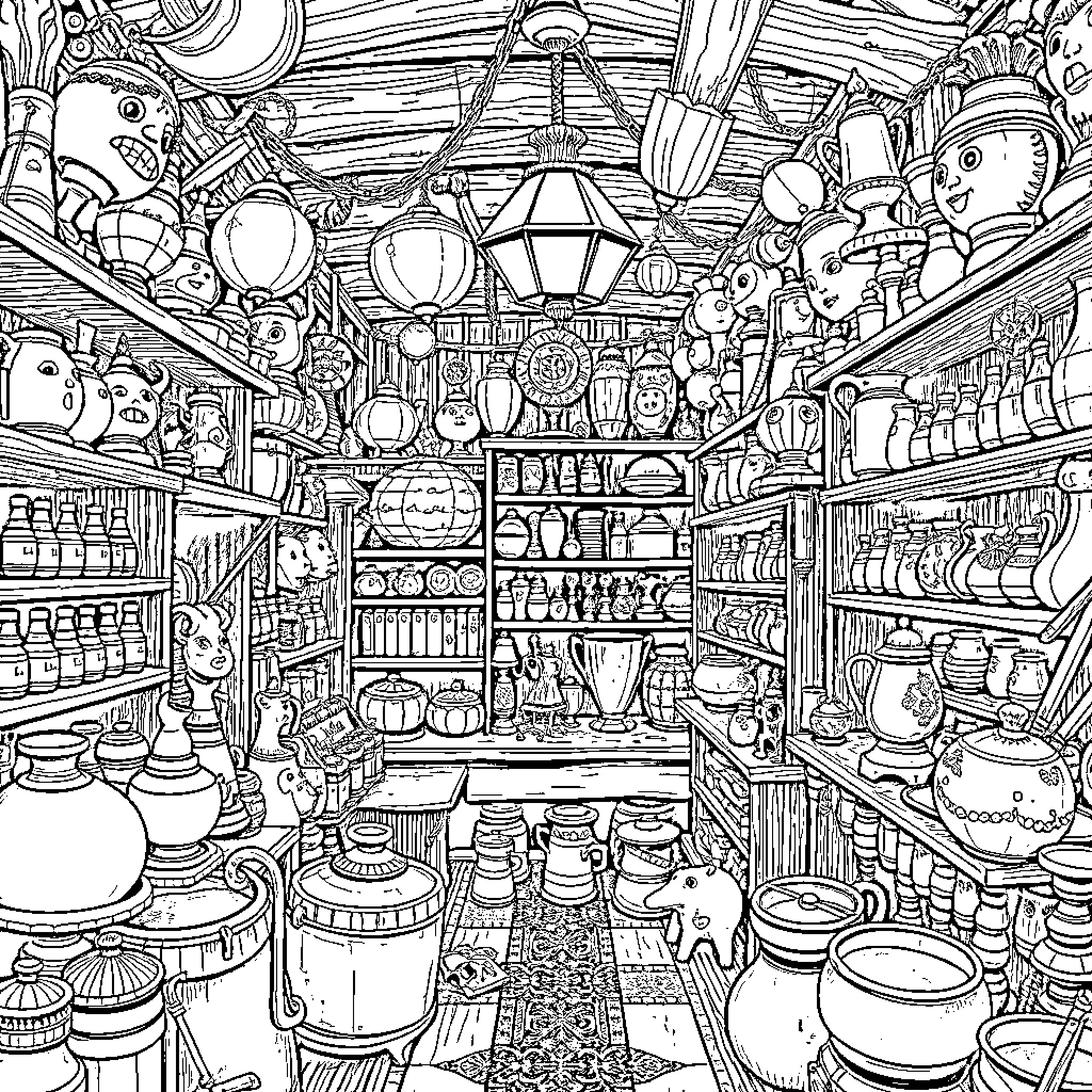 Curiosity in a Whimsical Antique Shop Coloring Page (free black-and-white line drawing printable PDF for all, from beginners to advanced learners, including children, teens, adults, and seniors)