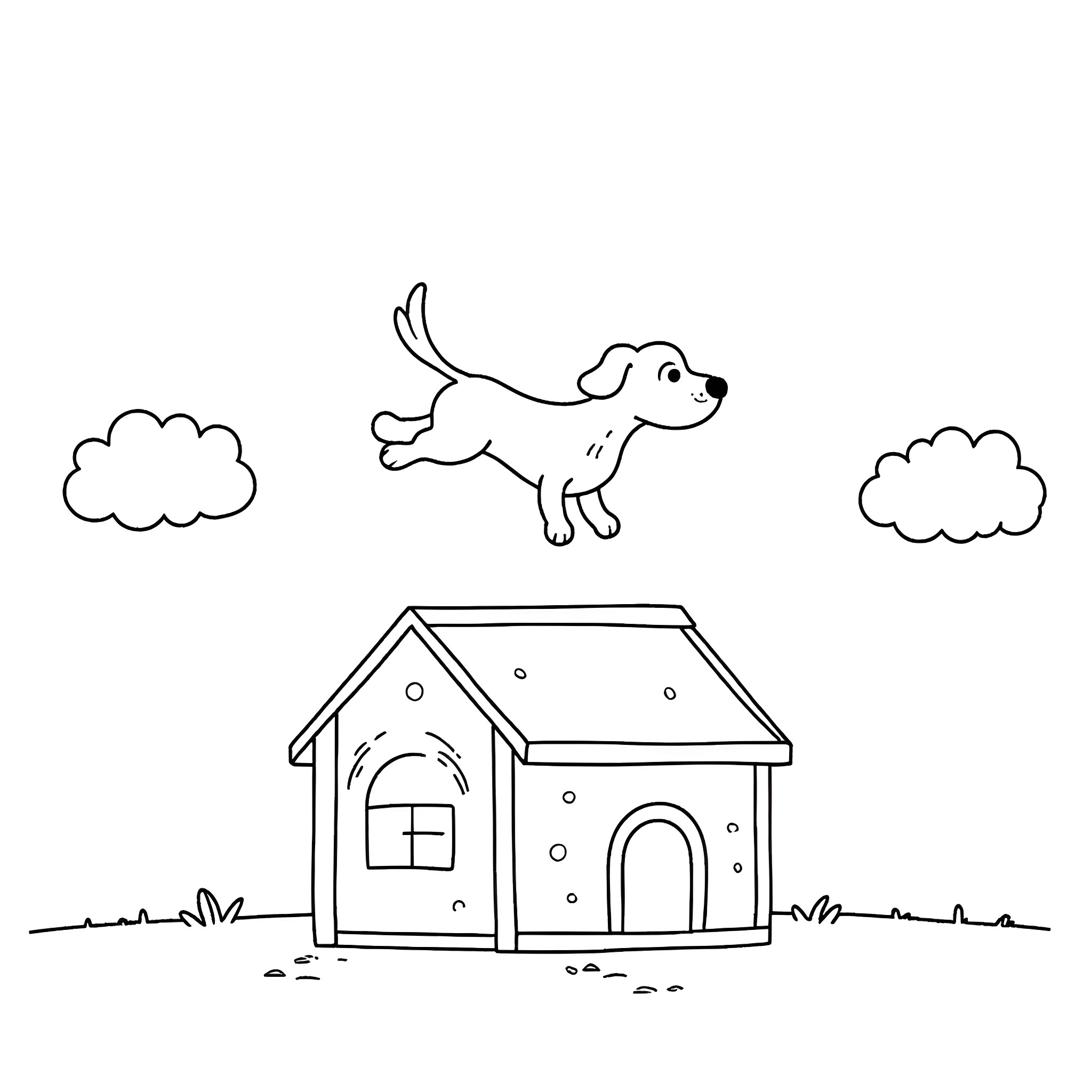 Dog jumping happily outside the doghouse Coloring Page (free black-and-white line drawing printable PDF for all, from beginners to advanced learners, including children, teens, adults, and seniors)