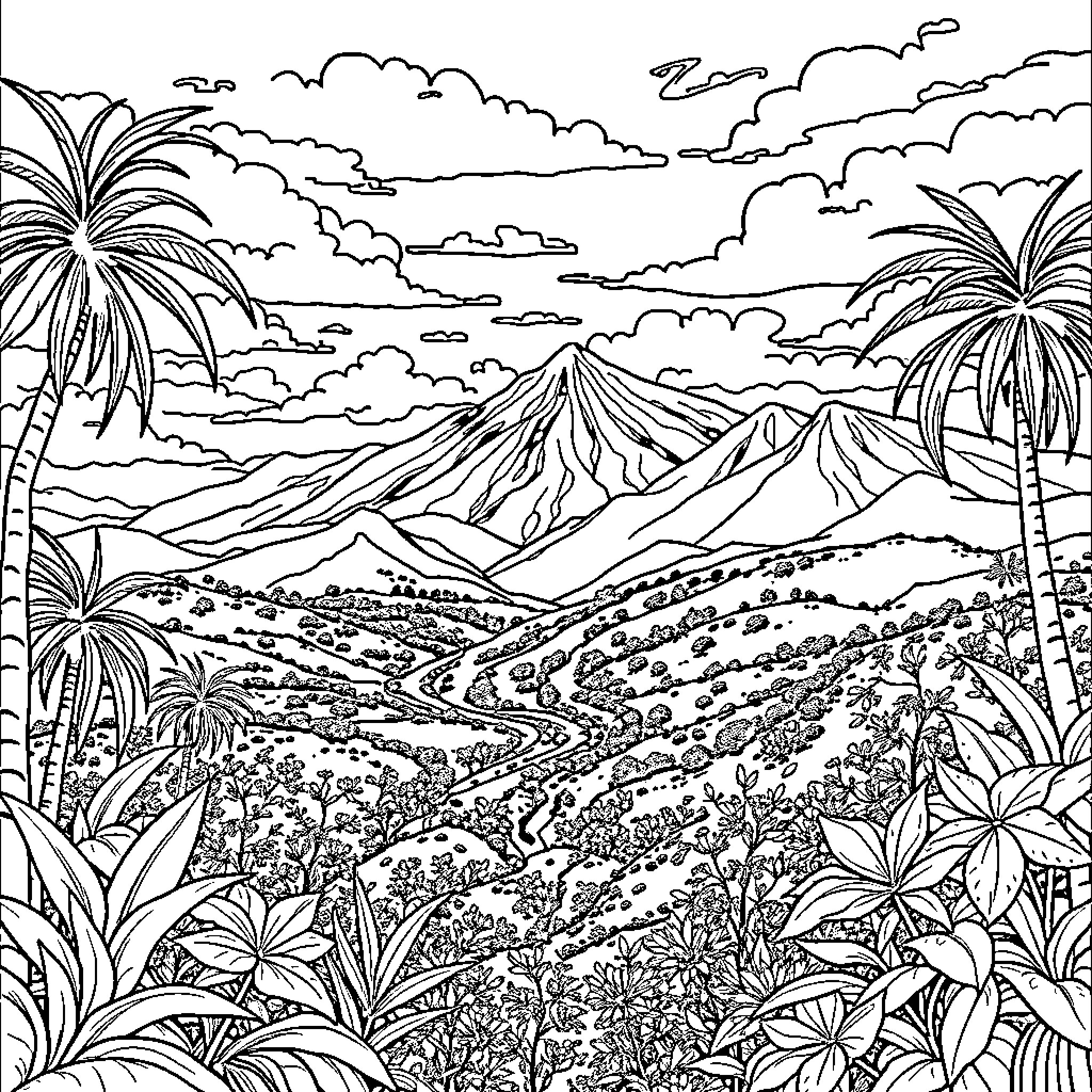 Ecuador scenic mountain landscape with palm trees Coloring Page (free black-and-white line drawing printable PDF for all, from beginners to advanced learners, including children, teens, adults, and seniors)