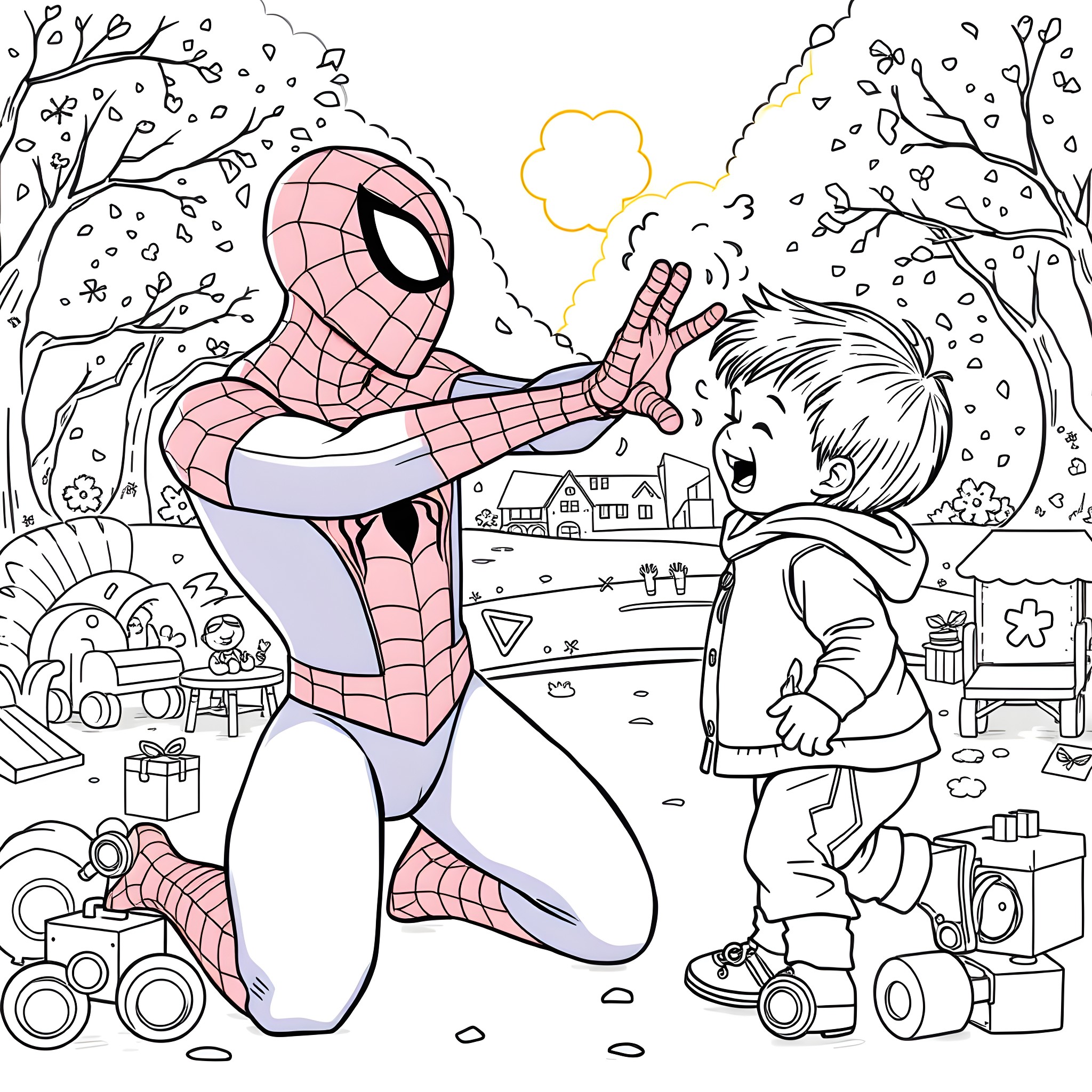 Spider-Man playing with a young boy in the snowy town Coloring Page (free black-and-white line drawing printable PDF for all, from beginners to advanced learners, including children, teens, adults, and seniors)