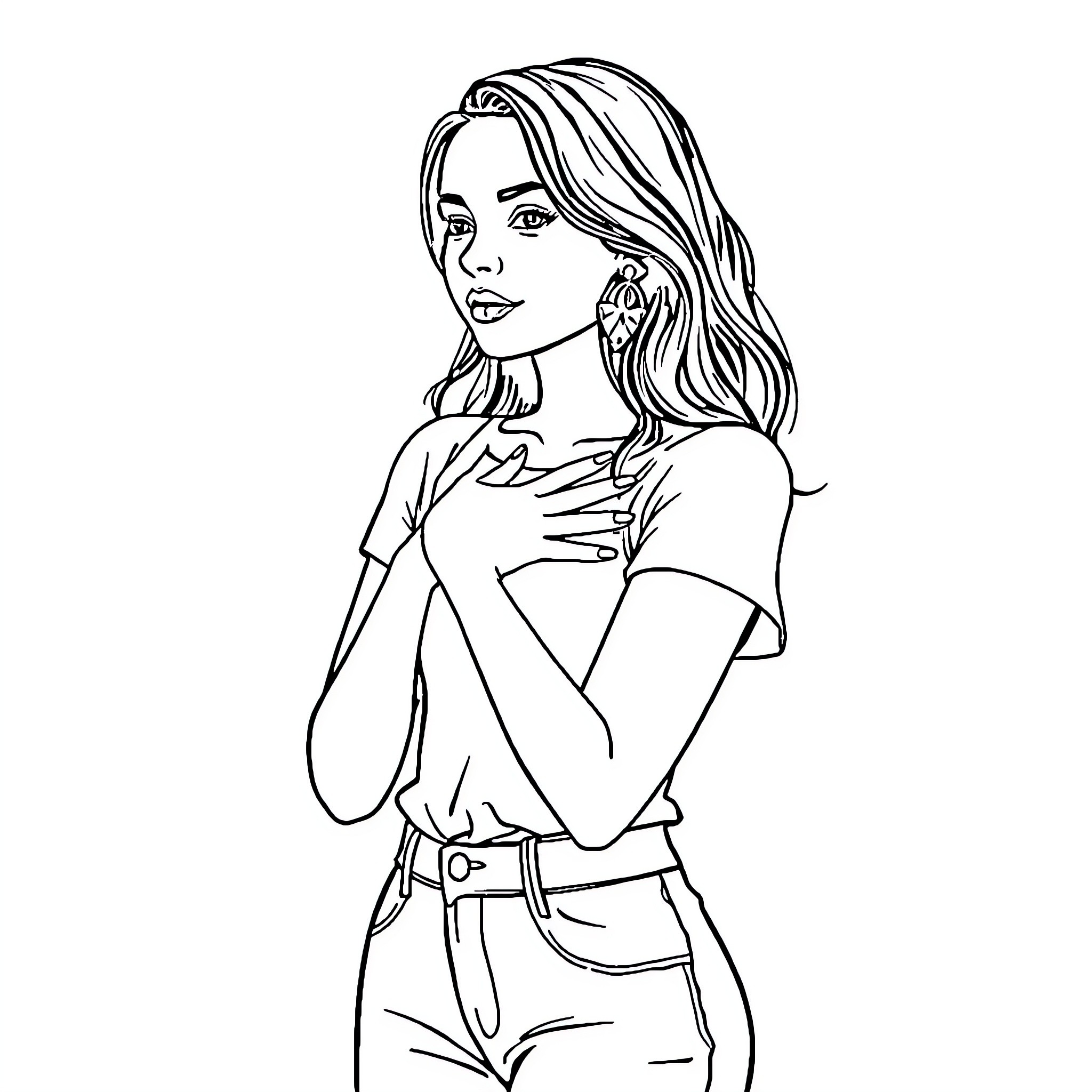 Jenna Ortega in contemplative pose Coloring Page (free black-and-white line drawing printable PDF for all, from beginners to advanced learners, including children, teens, adults, and seniors)