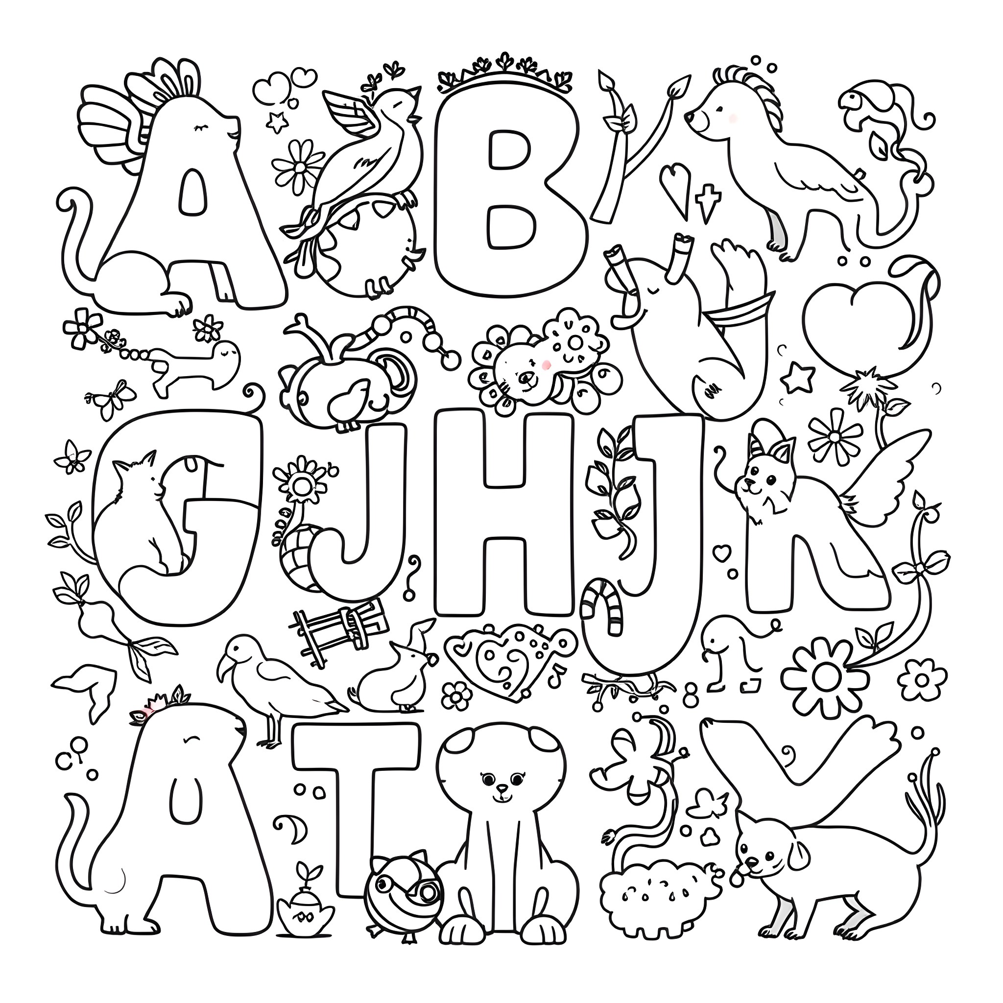 Letter Animals Playing with Floral Decorations Coloring Page (free black-and-white line drawing printable PDF for all, from beginners to advanced learners, including children, teens, adults, and seniors)