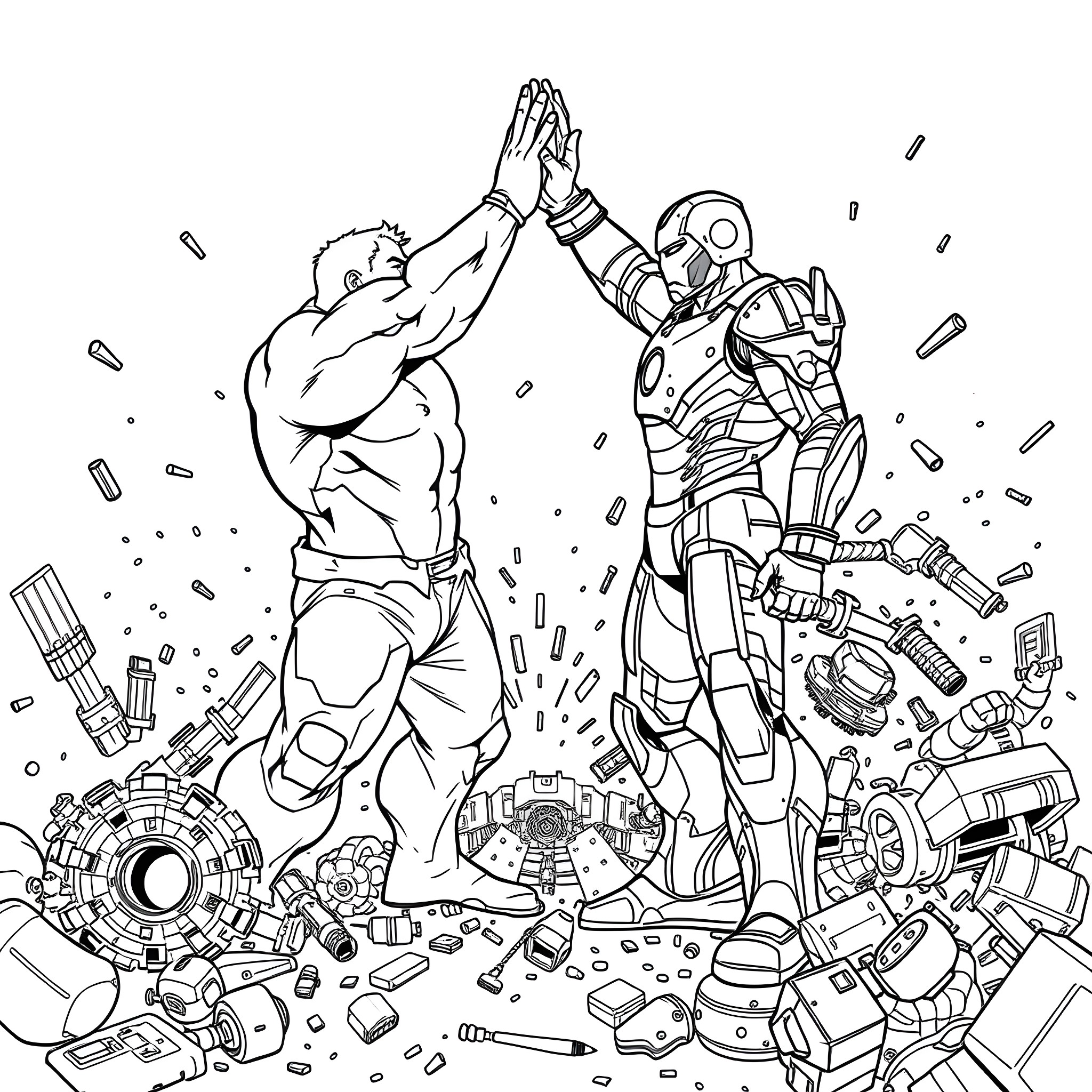 Hulk confronting a powerful robotic adversary in a scene of destruction Coloring Page (free black-and-white line drawing printable PDF for all, from beginners to advanced learners, including children, teens, adults, and seniors)