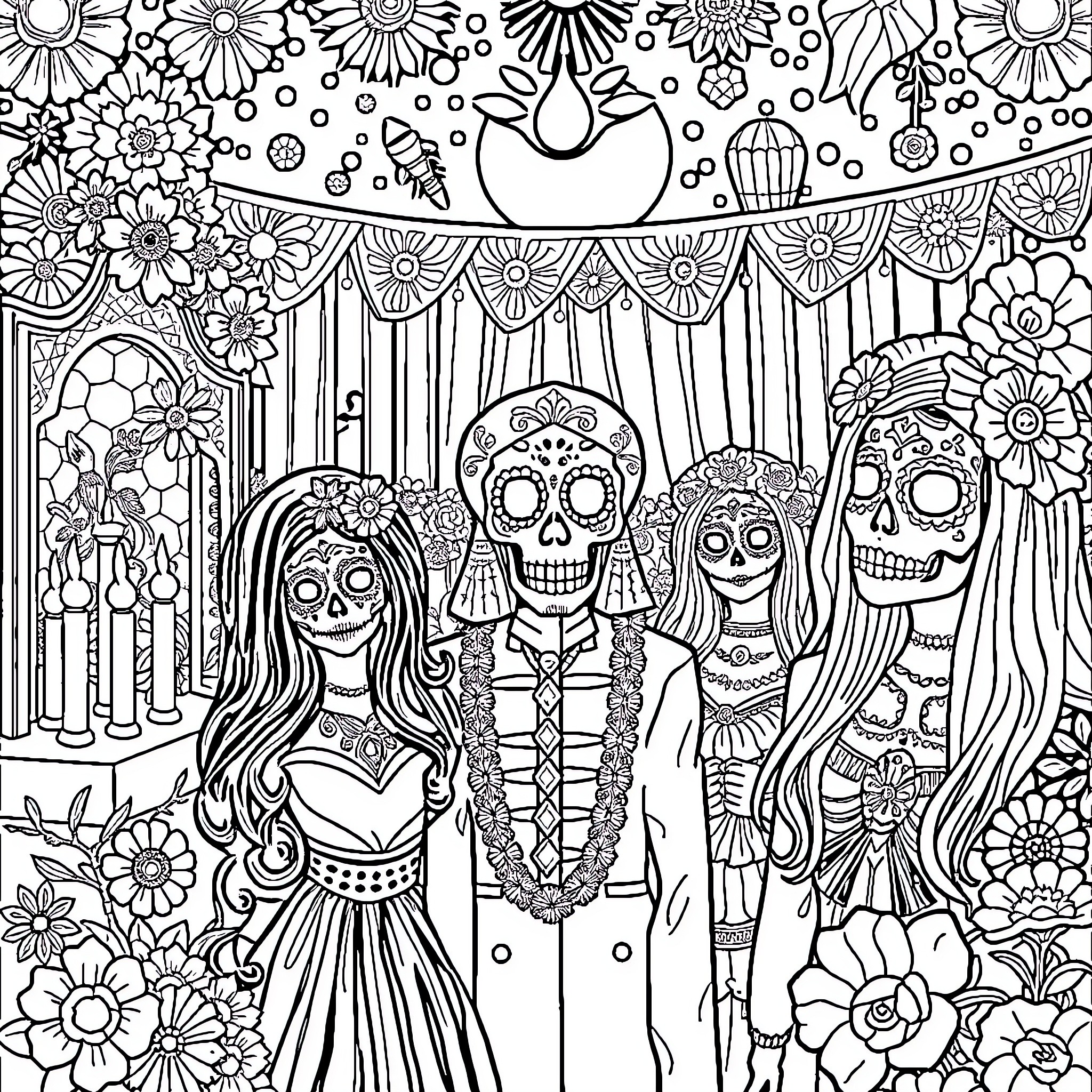 Dia de los Muertos Celebration with Festive Attire and Decorations Coloring Page (free black-and-white line drawing printable PDF for all, from beginners to advanced learners, including children, teens, adults, and seniors)