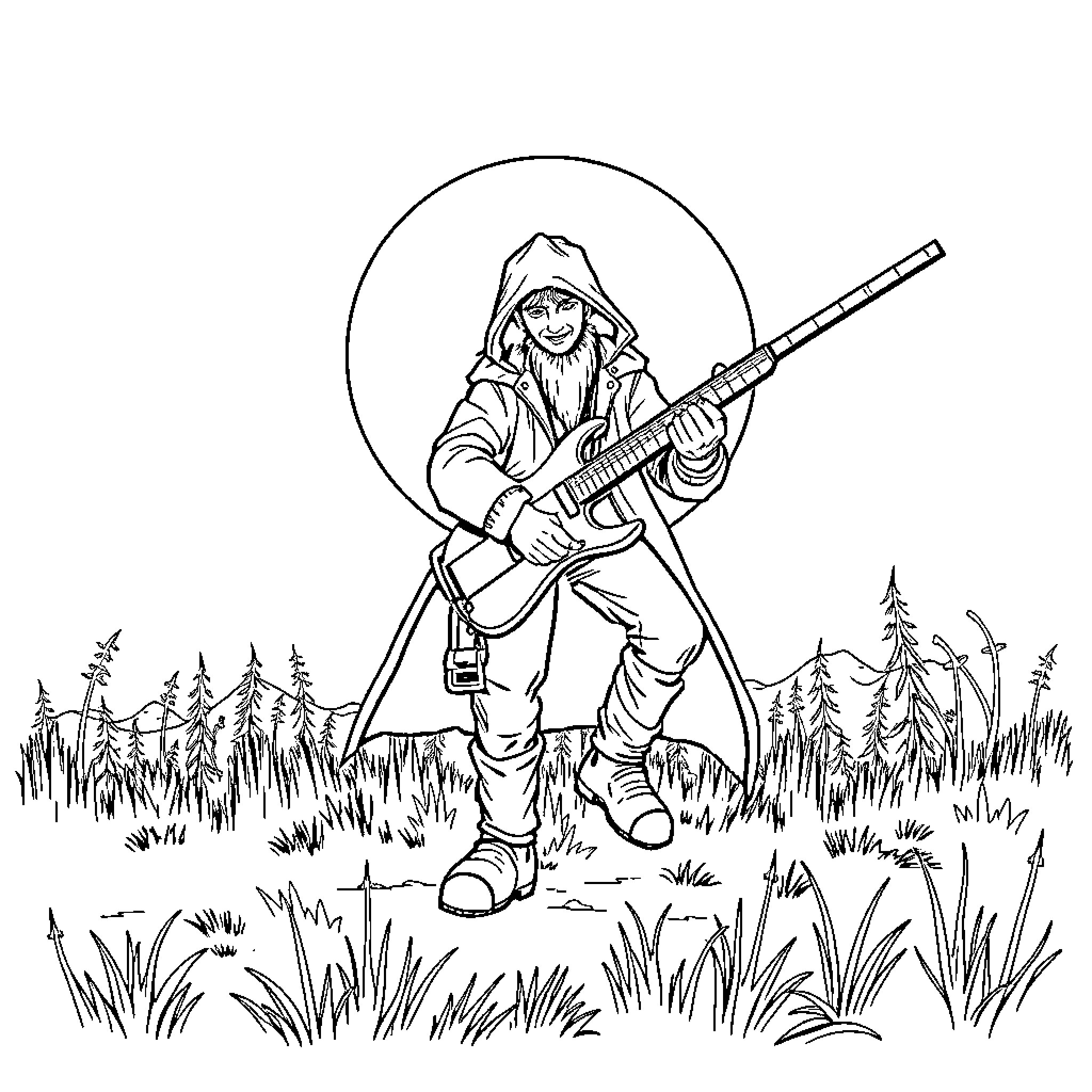 Huntrix Adventurer Wielding Rifle in Forest Landscape Coloring Page (free black-and-white line drawing printable PDF for all, from beginners to advanced learners, including children, teens, adults, and seniors)