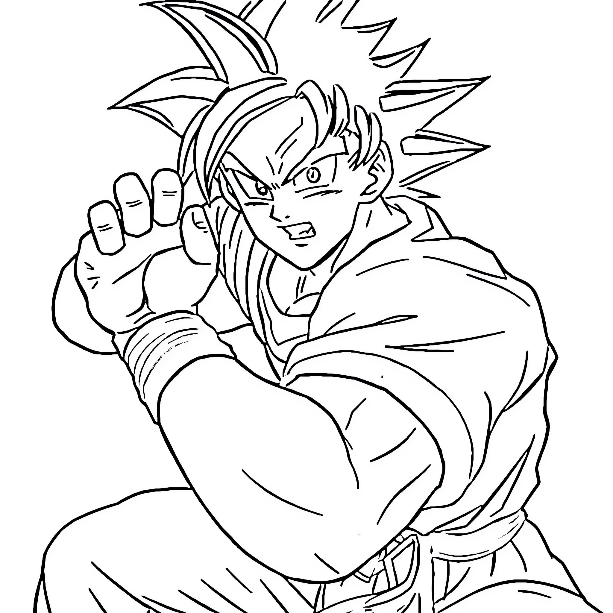Goku in a fierce fighting stance Coloring Page (free black-and-white line drawing printable PDF for all, from beginners to advanced learners, including children, teens, adults, and seniors)