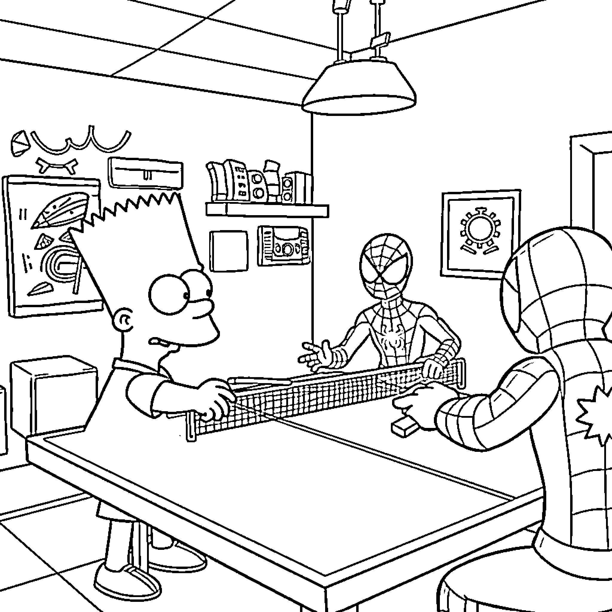 Bart Simpson playing video games with Spider-Man Coloring Page (free black-and-white line drawing printable PDF for all, from beginners to advanced learners, including children, teens, adults, and seniors)