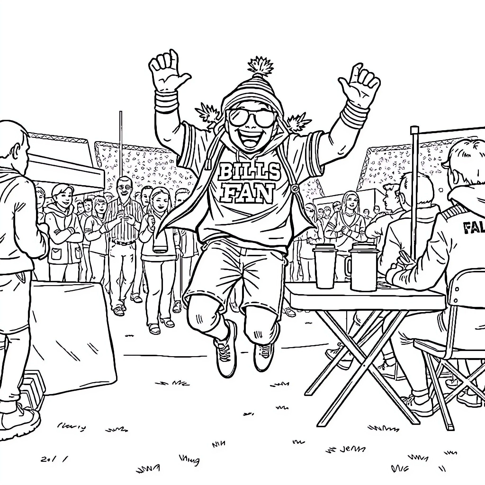 Buffalo Fans Celebrating at the Big Game Coloring Page (free black-and-white line drawing printable PDF for all, from beginners to advanced learners, including children, teens, adults, and seniors)