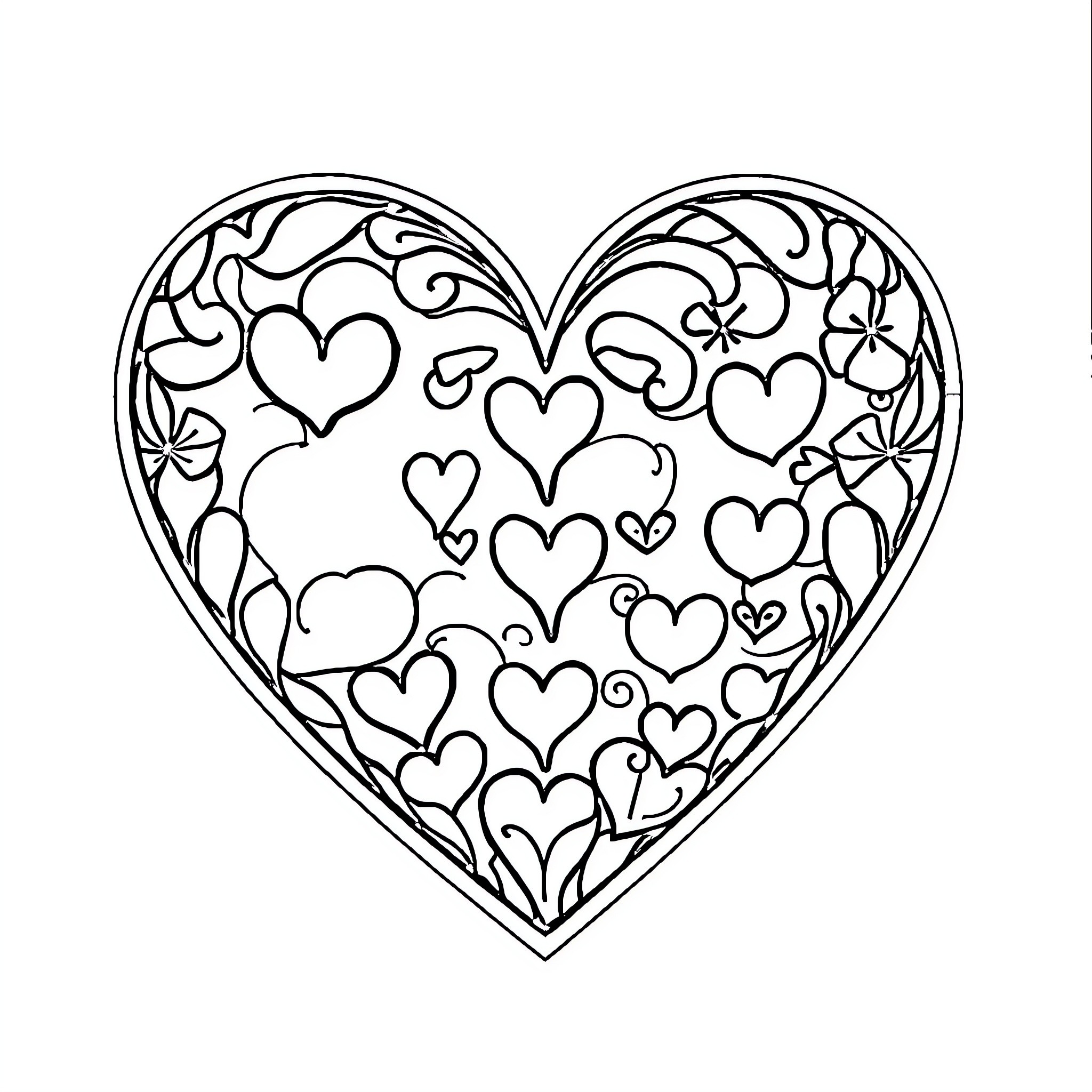 Heart-shaped floral arrangement with intricate patterns Coloring Page (free black-and-white line drawing printable PDF for all, from beginners to advanced learners, including children, teens, adults, and seniors)