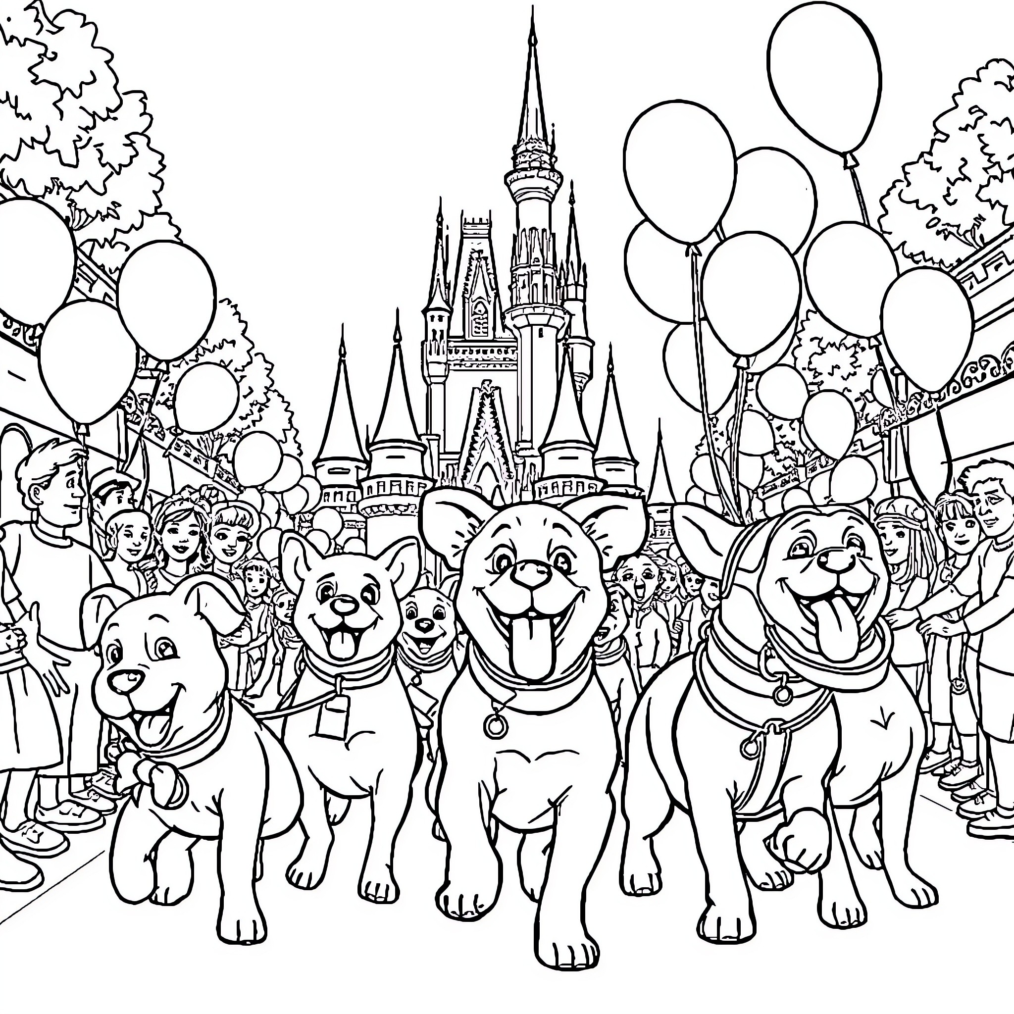 Dog characters celebrating with balloons in front of castle Coloring Page (free black-and-white line drawing printable PDF for all, from beginners to advanced learners, including children, teens, adults, and seniors)
