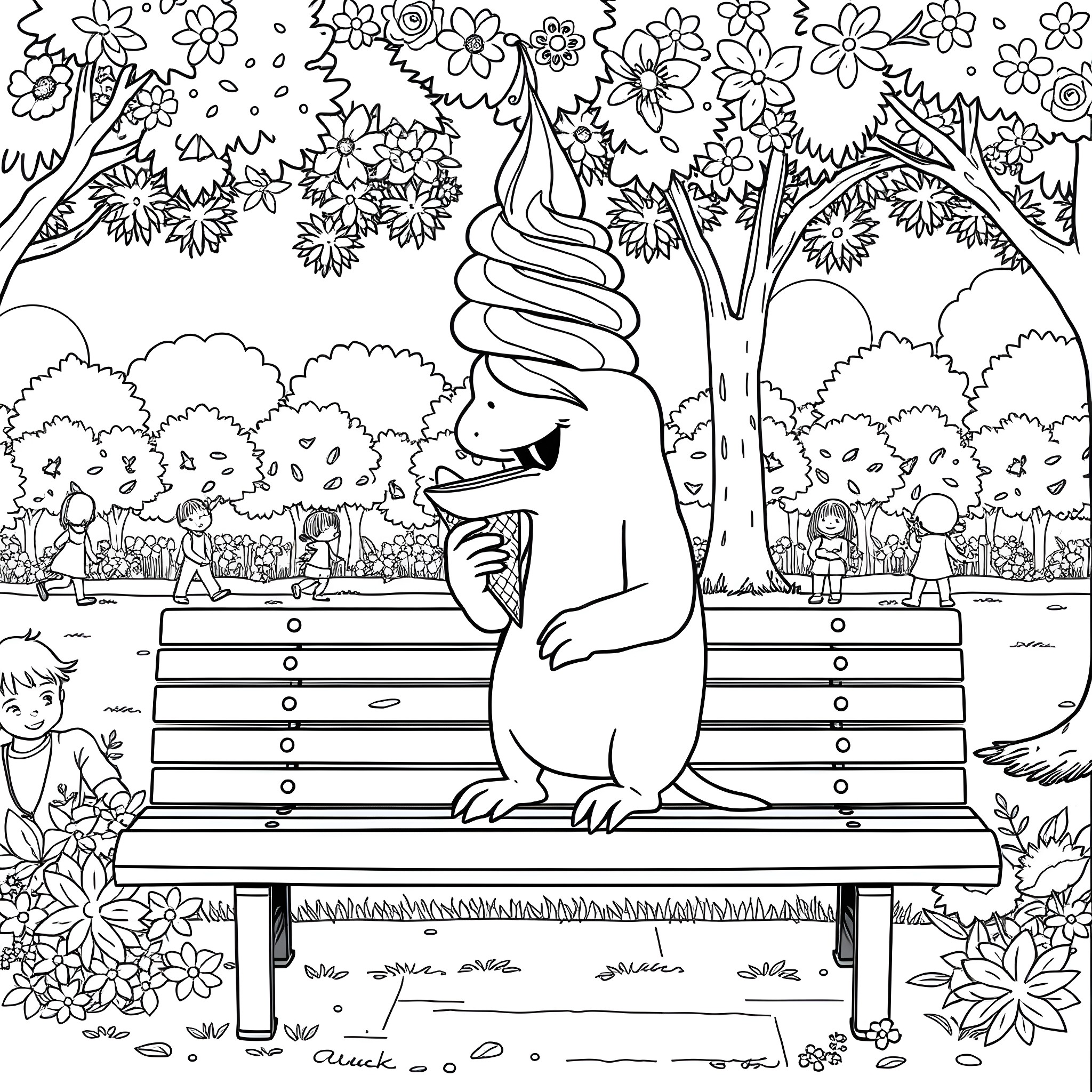 Fuecoco relaxing on a park bench surrounded by flowers Coloring Page (free black-and-white line drawing printable PDF for all, from beginners to advanced learners, including children, teens, adults, and seniors)