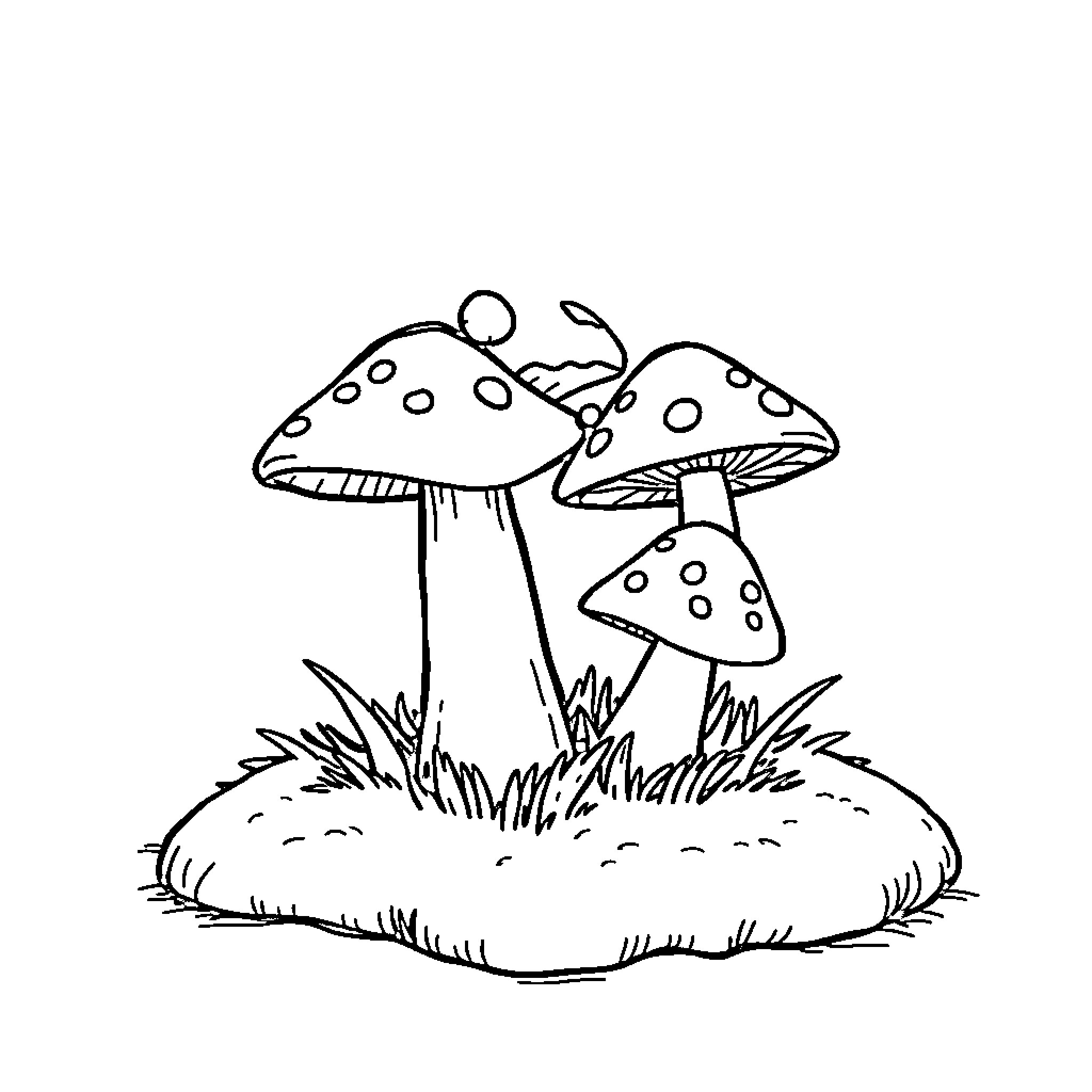 Mushroom growing in the grass Coloring Page (free black-and-white line drawing printable PDF for all, from beginners to advanced learners, including children, teens, adults, and seniors)