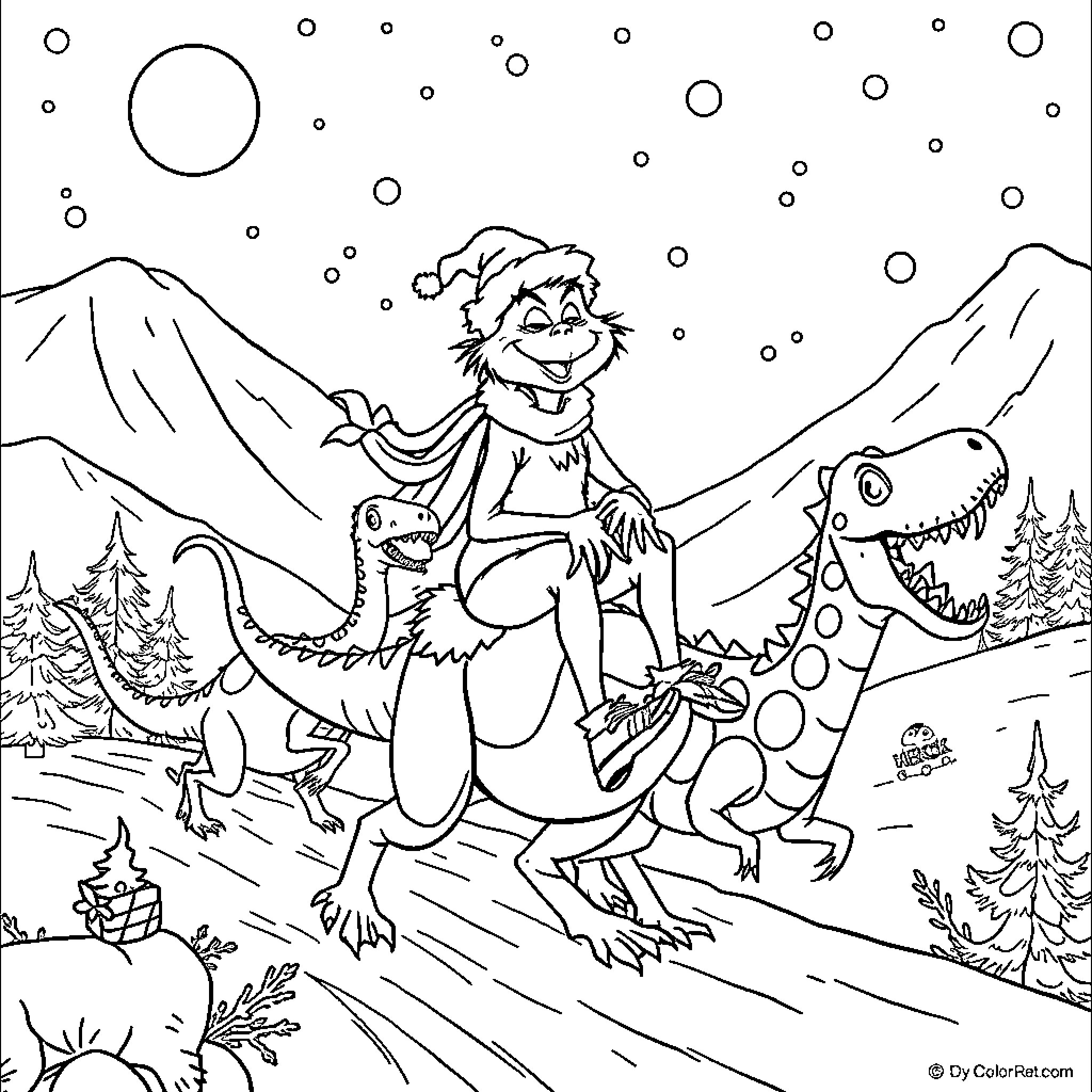 Grinch Riding a Dinosaur Through a Snowy Landscape Coloring Page (free black-and-white line drawing printable PDF for all, from beginners to advanced learners, including children, teens, adults, and seniors)