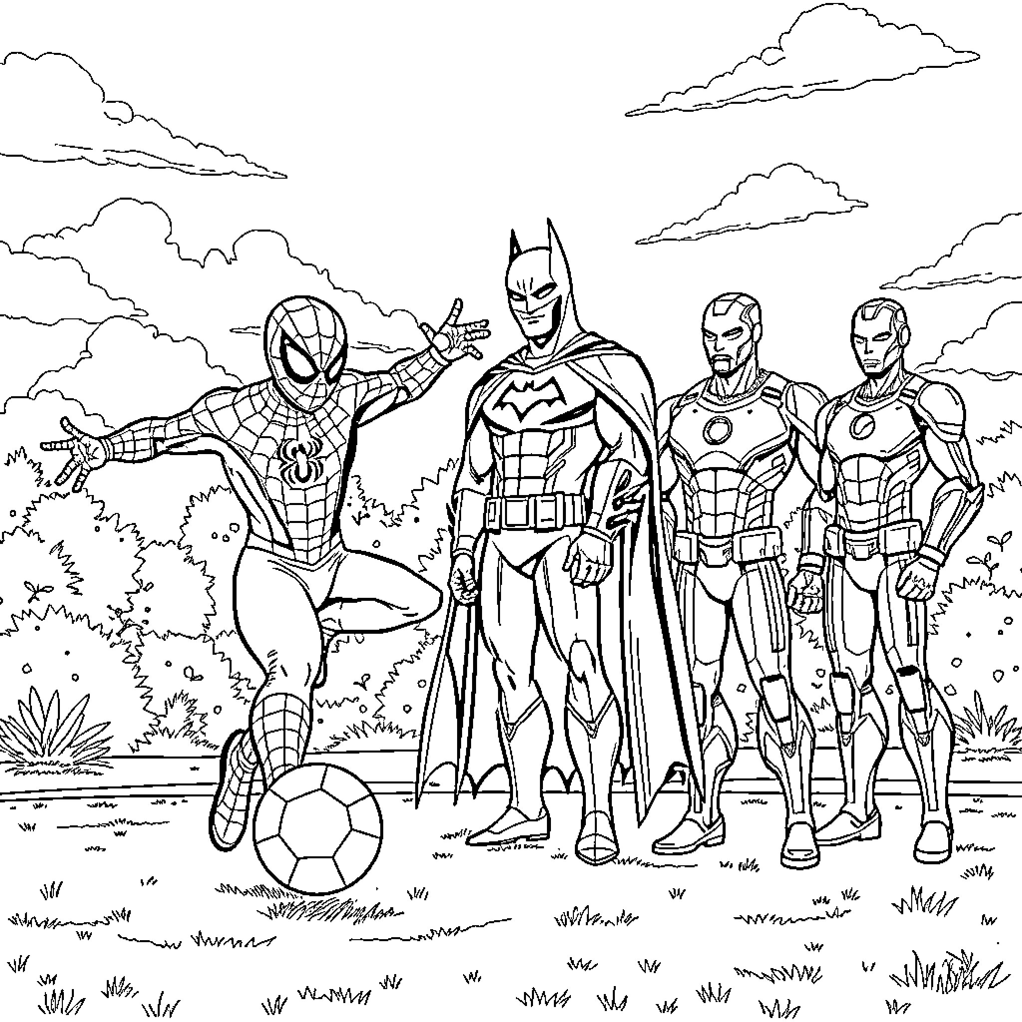 Spiderman and Superhero Friends Enjoying the Outdoors Coloring Page (free black-and-white line drawing printable PDF for all, from beginners to advanced learners, including children, teens, adults, and seniors)