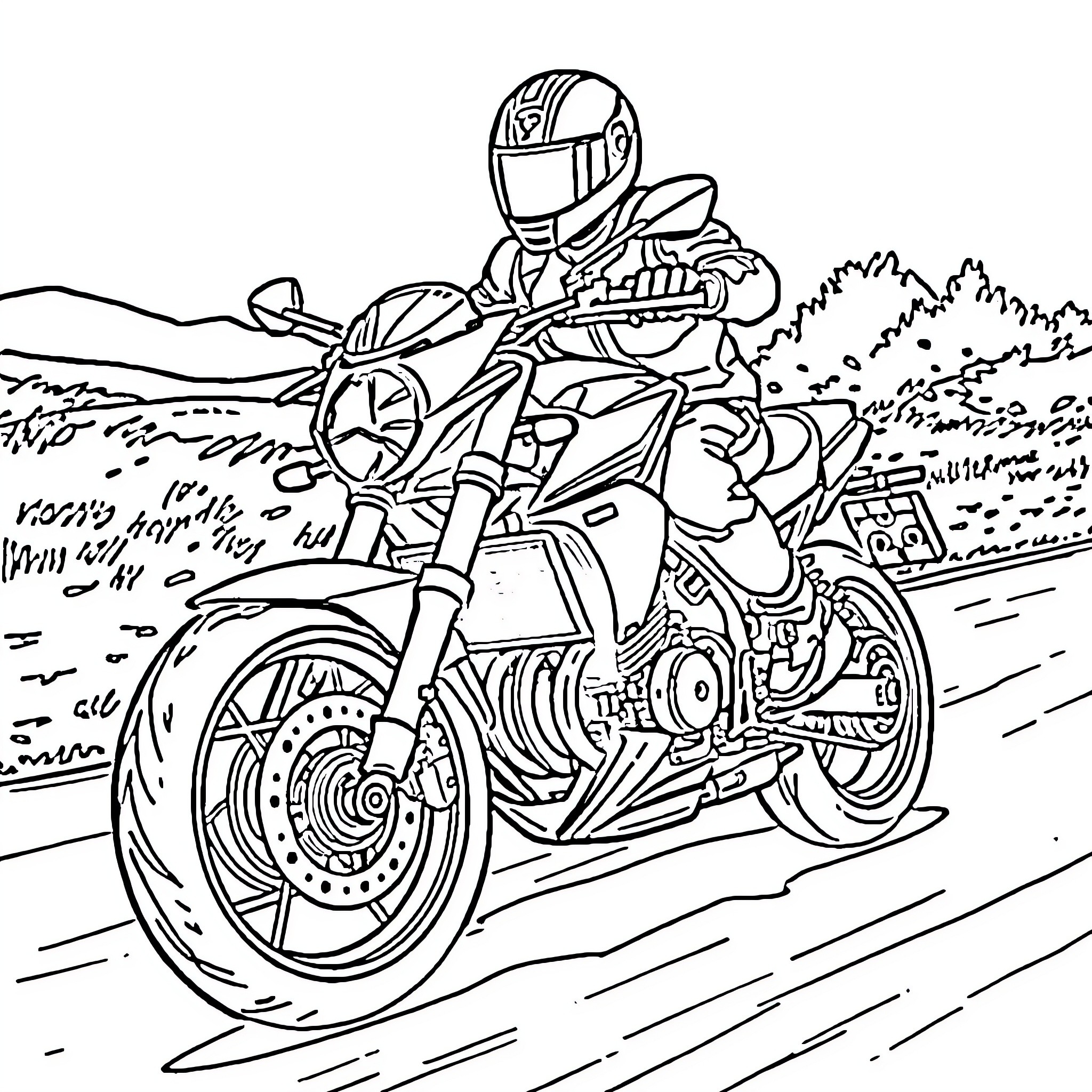 Motorcycle rider speeding through the countryside Coloring Page (free black-and-white line drawing printable PDF for all, from beginners to advanced learners, including children, teens, adults, and seniors)