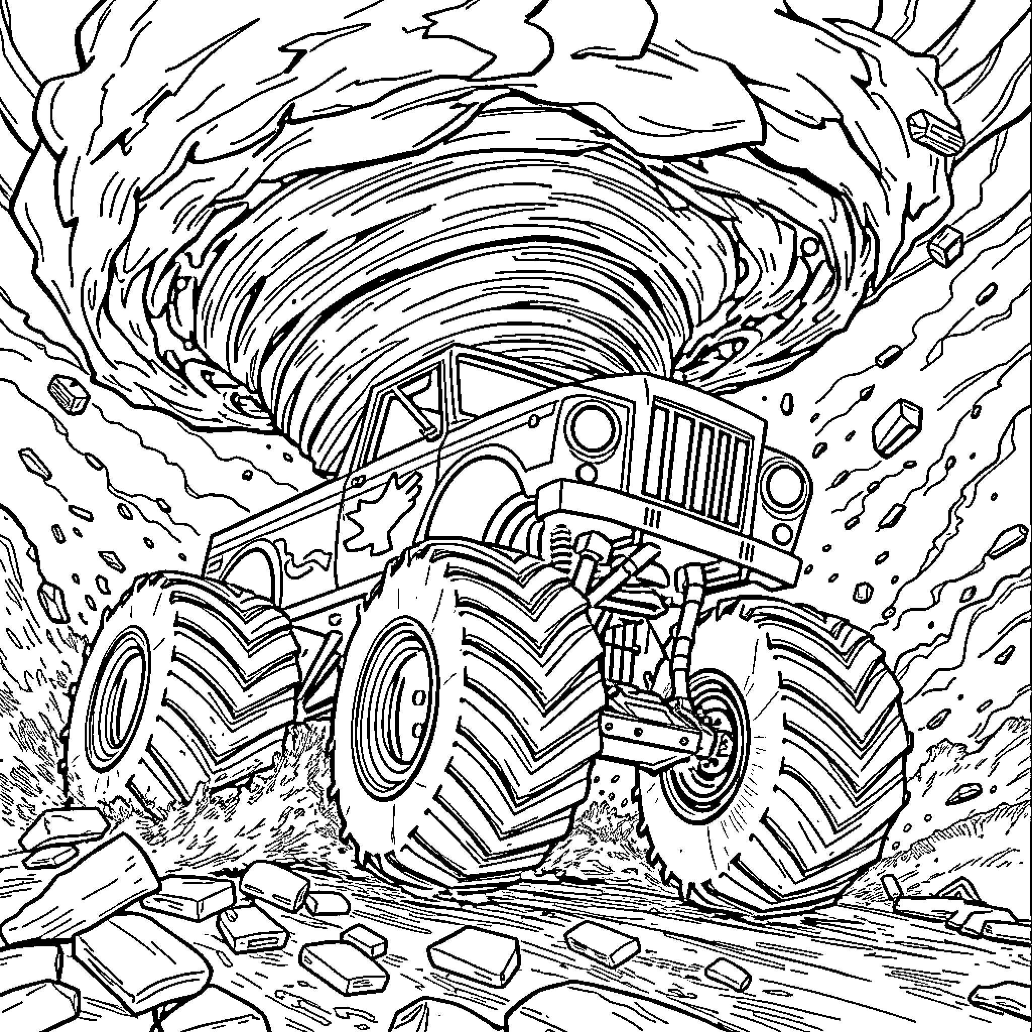 Monster Truck Battling Through Fierce Tornado Coloring Page (free black-and-white line drawing printable PDF for all, from beginners to advanced learners, including children, teens, adults, and seniors)