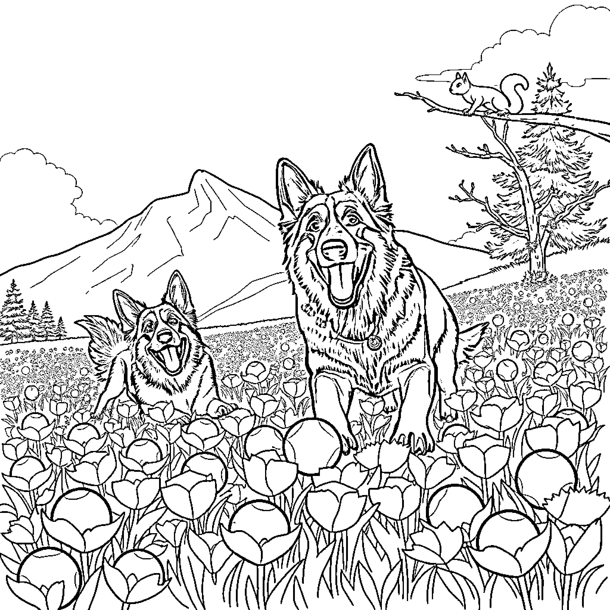 German Shepherd Dogs Enjoying Nature Scenery Coloring Page (free black-and-white line drawing printable PDF for all, from beginners to advanced learners, including children, teens, adults, and seniors)