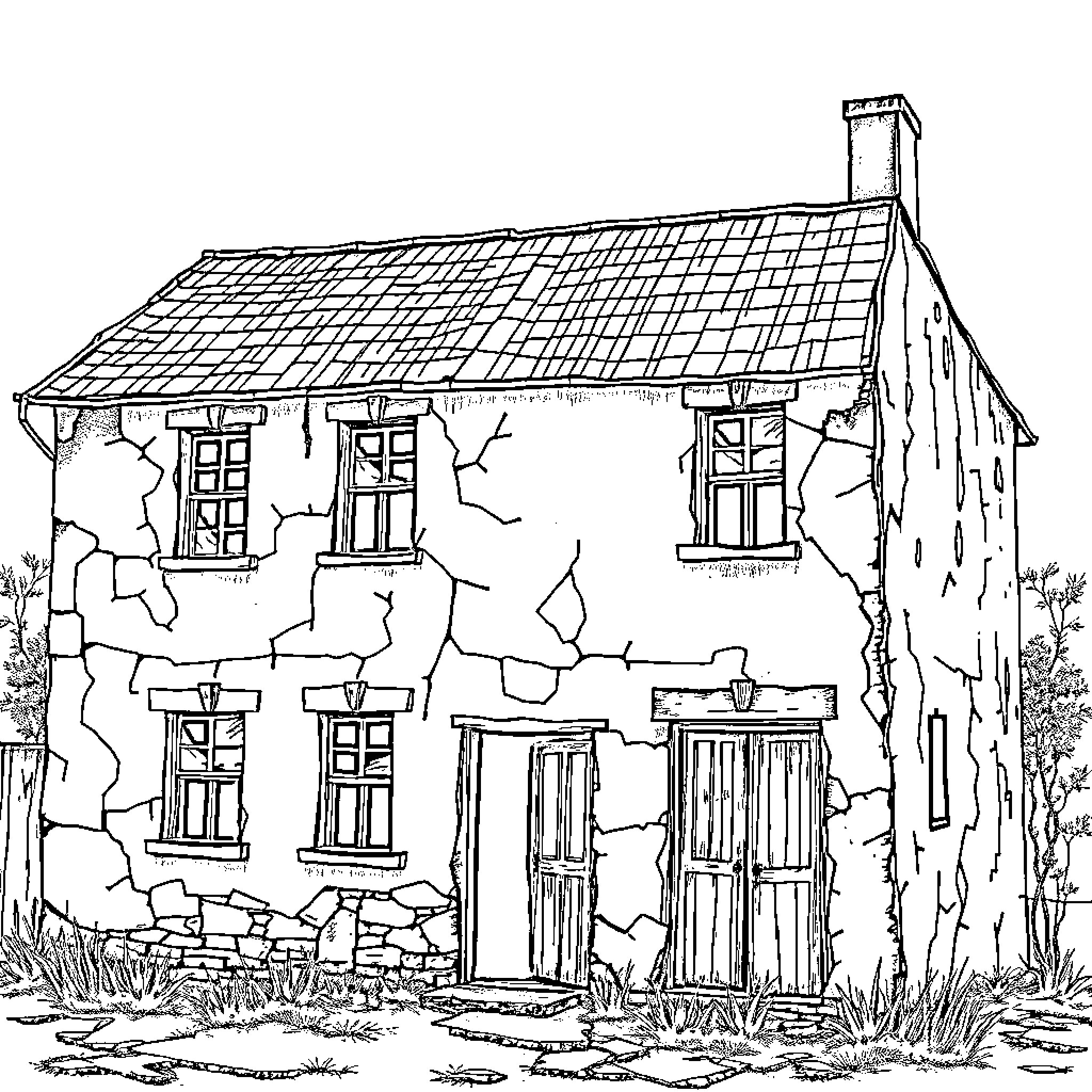 Old Weathered Cottage in the Countryside Coloring Page (free black-and-white line drawing printable PDF for all, from beginners to advanced learners, including children, teens, adults, and seniors)