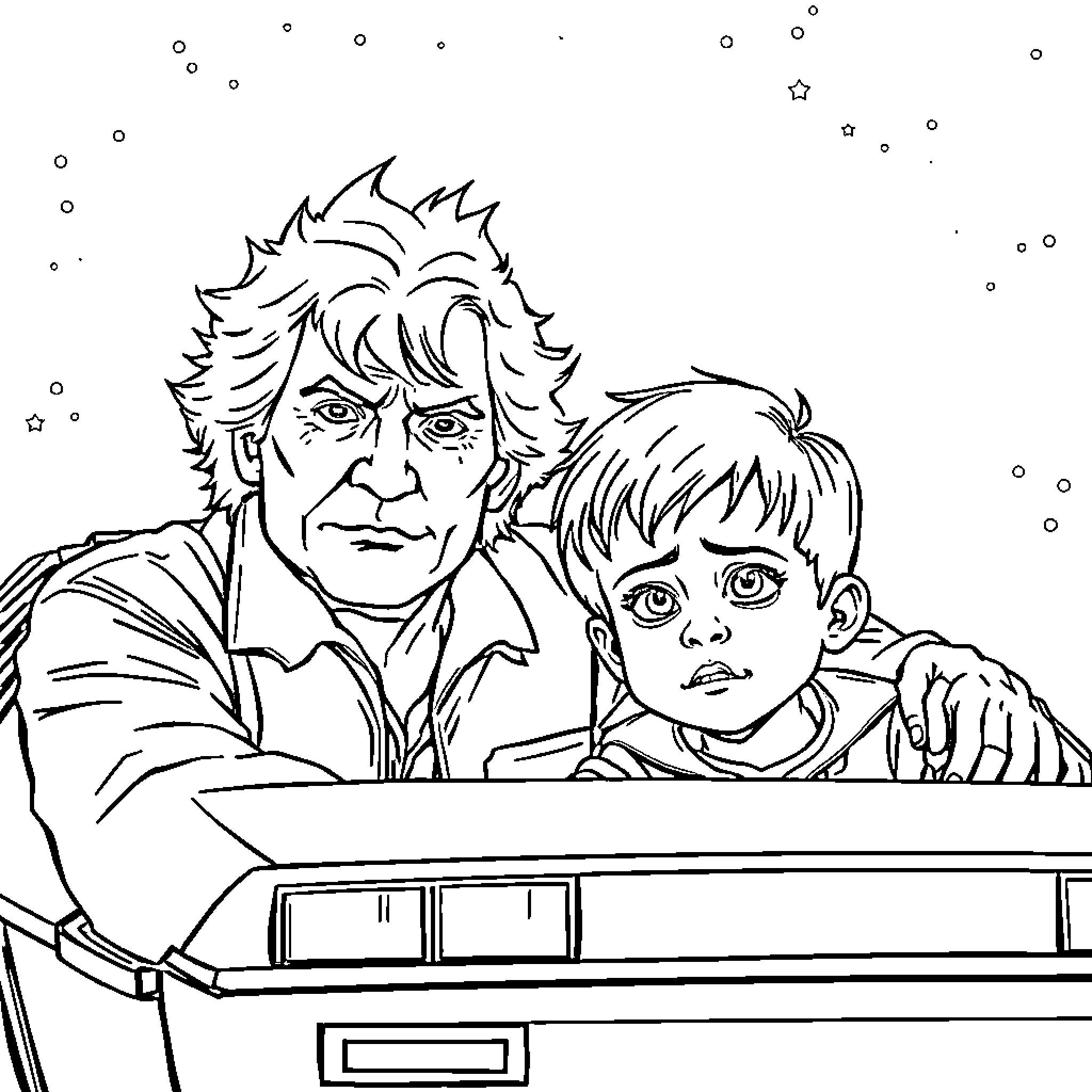 DeLorean time traveler and young companion Coloring Page (free black-and-white line drawing printable PDF for all, from beginners to advanced learners, including children, teens, adults, and seniors)