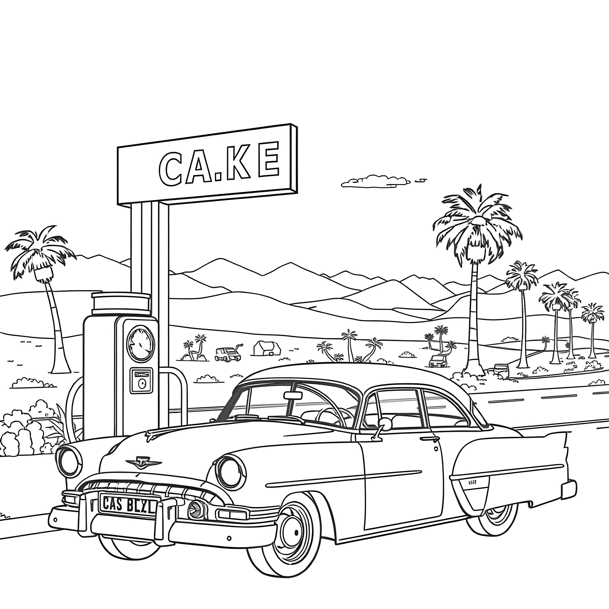 Oldie Car at a Retro Cake Shop in a Desert Landscape Coloring Page (free black-and-white line drawing printable PDF for all, from beginners to advanced learners, including children, teens, adults, and seniors)