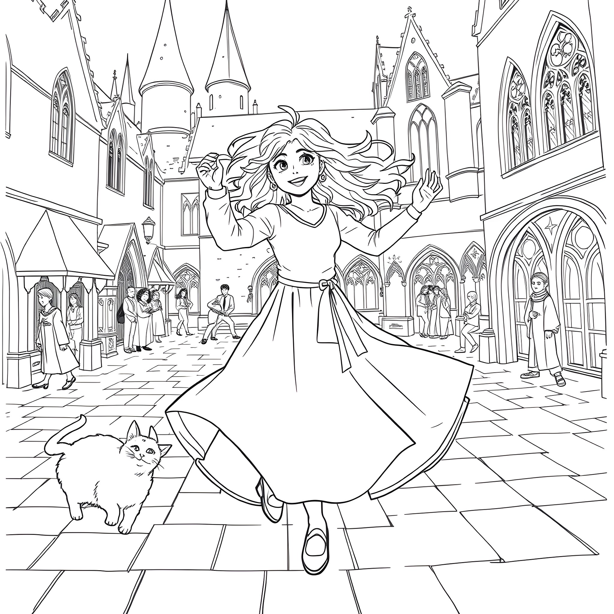 Hermione Granger joyfully exploring a magical town Coloring Page (free black-and-white line drawing printable PDF for all, from beginners to advanced learners, including children, teens, adults, and seniors)