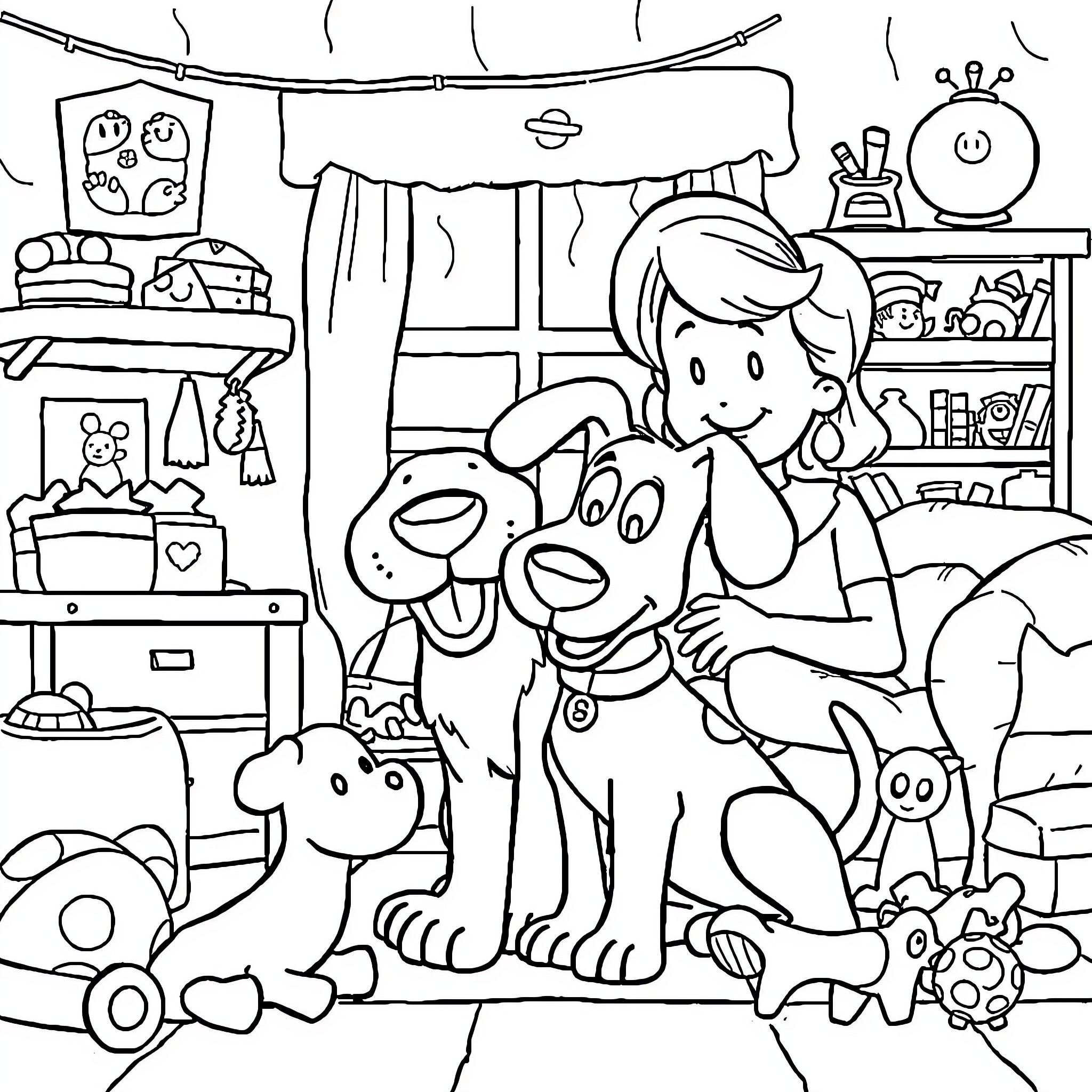Blue Kids Playing Joyfully with Pets Coloring Page (free black-and-white line drawing printable PDF for all, from beginners to advanced learners, including children, teens, adults, and seniors)