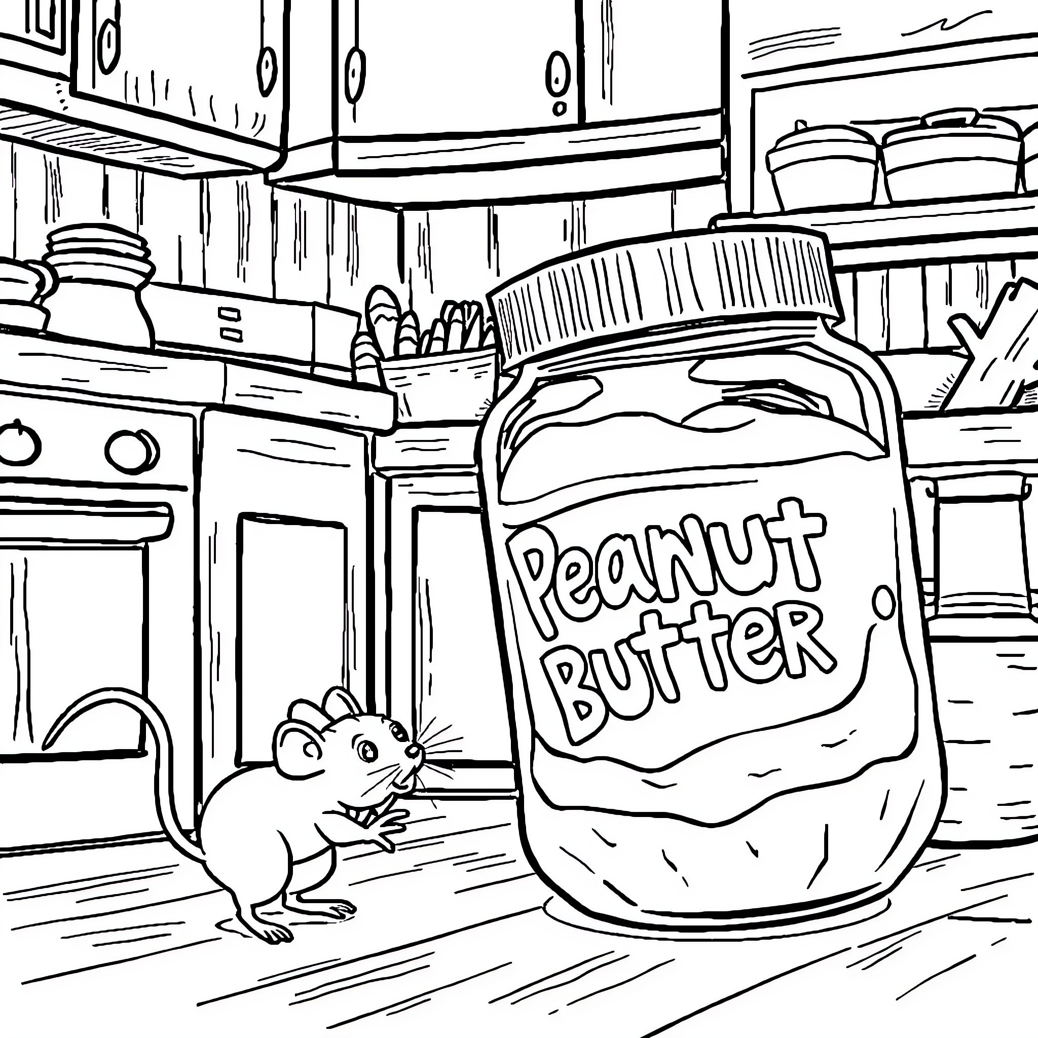 Peanut Butter Jar and Curious Mouse in the Kitchen Coloring Page (free black-and-white line drawing printable PDF for all, from beginners to advanced learners, including children, teens, adults, and seniors)