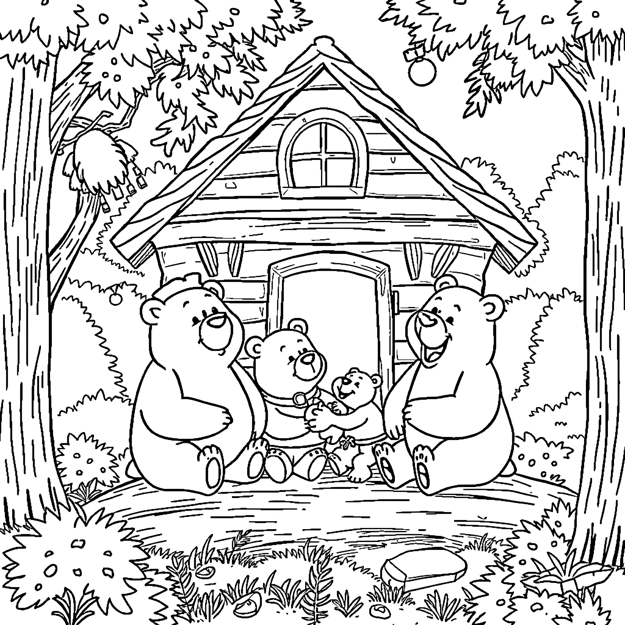 Berenstain Bears Enjoying a Cozy Cabin Getaway Coloring Page (free black-and-white line drawing printable PDF for all, from beginners to advanced learners, including children, teens, adults, and seniors)