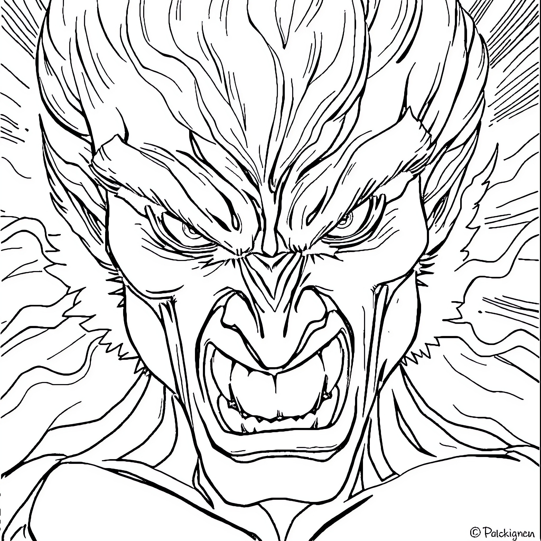 Fury of the Demonic Visage Coloring Page (free black-and-white line drawing printable PDF for all, from beginners to advanced learners, including children, teens, adults, and seniors)