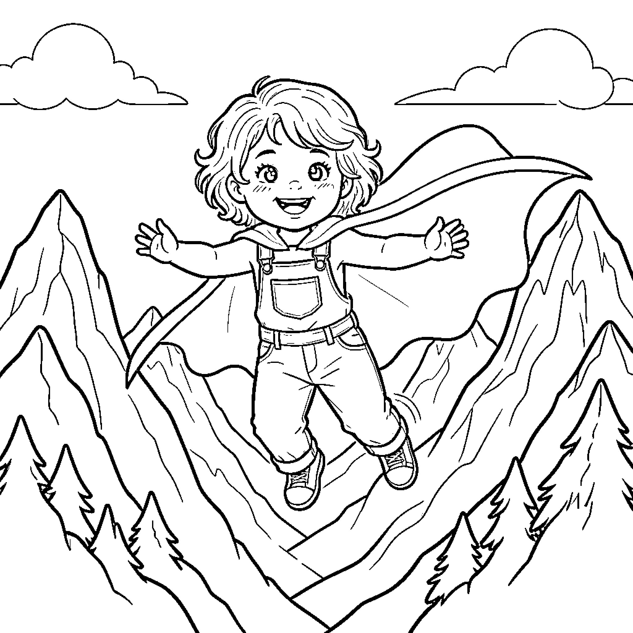 Nina Exploring the Mountainous Wilderness Coloring Page (free black-and-white line drawing printable PDF for all, from beginners to advanced learners, including children, teens, adults, and seniors)