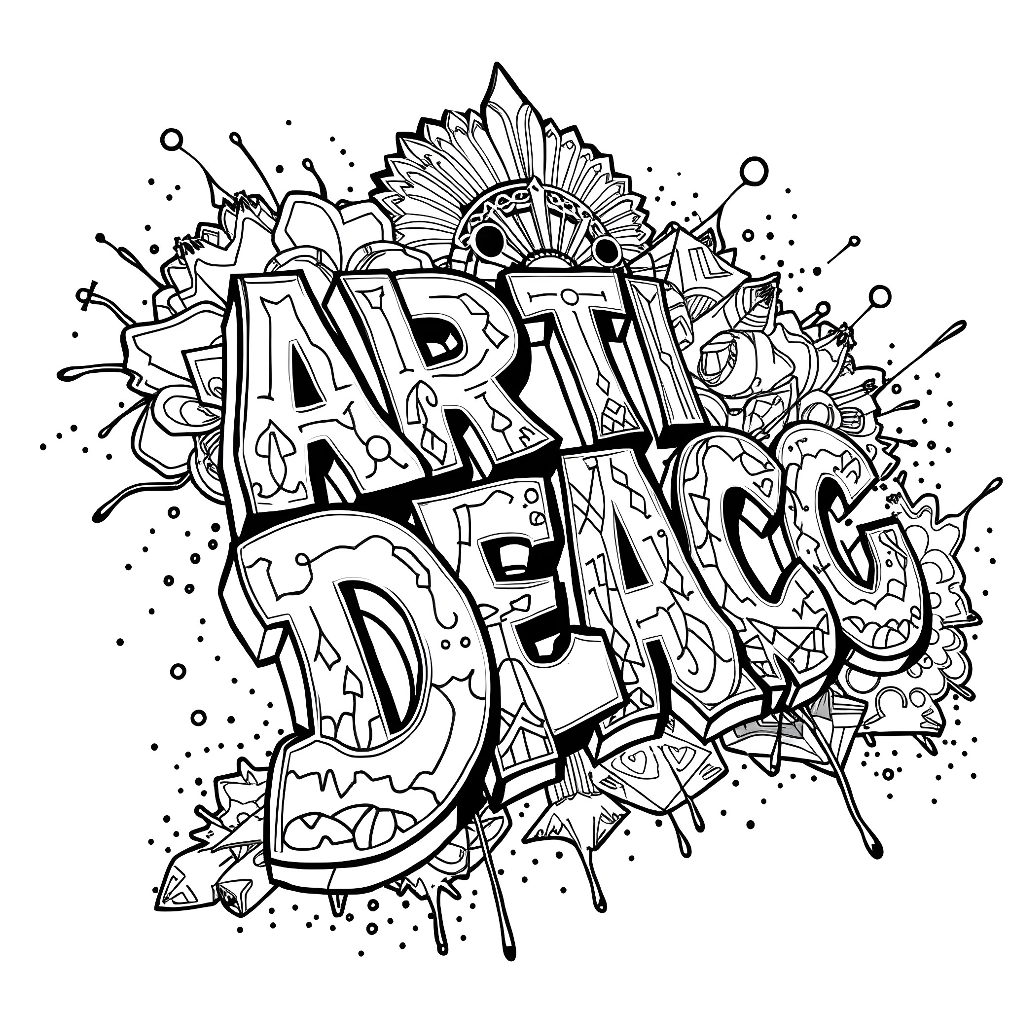 Art Deco Graffiti Design Explosion Coloring Page (free black-and-white line drawing printable PDF for all, from beginners to advanced learners, including children, teens, adults, and seniors)