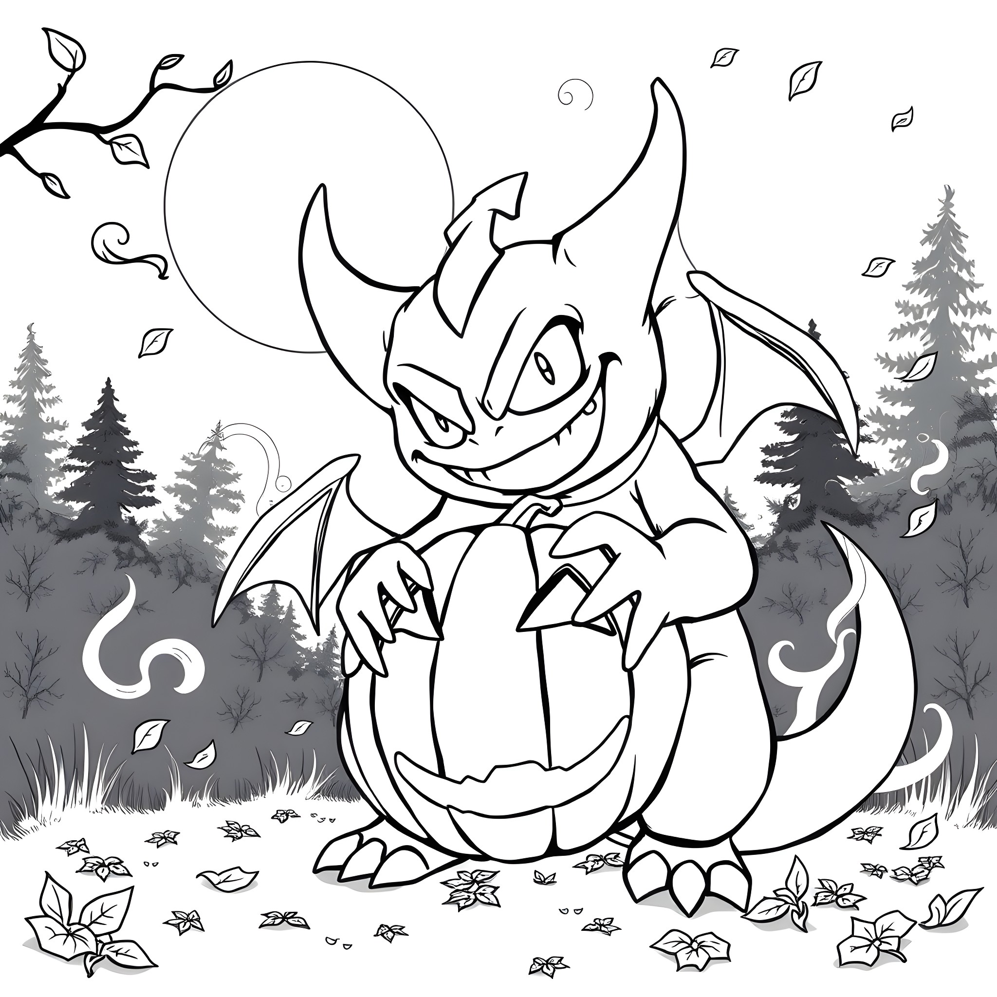 Gengar haunting a pumpkin in the spooky forest Coloring Page (free black-and-white line drawing printable PDF for all, from beginners to advanced learners, including children, teens, adults, and seniors)