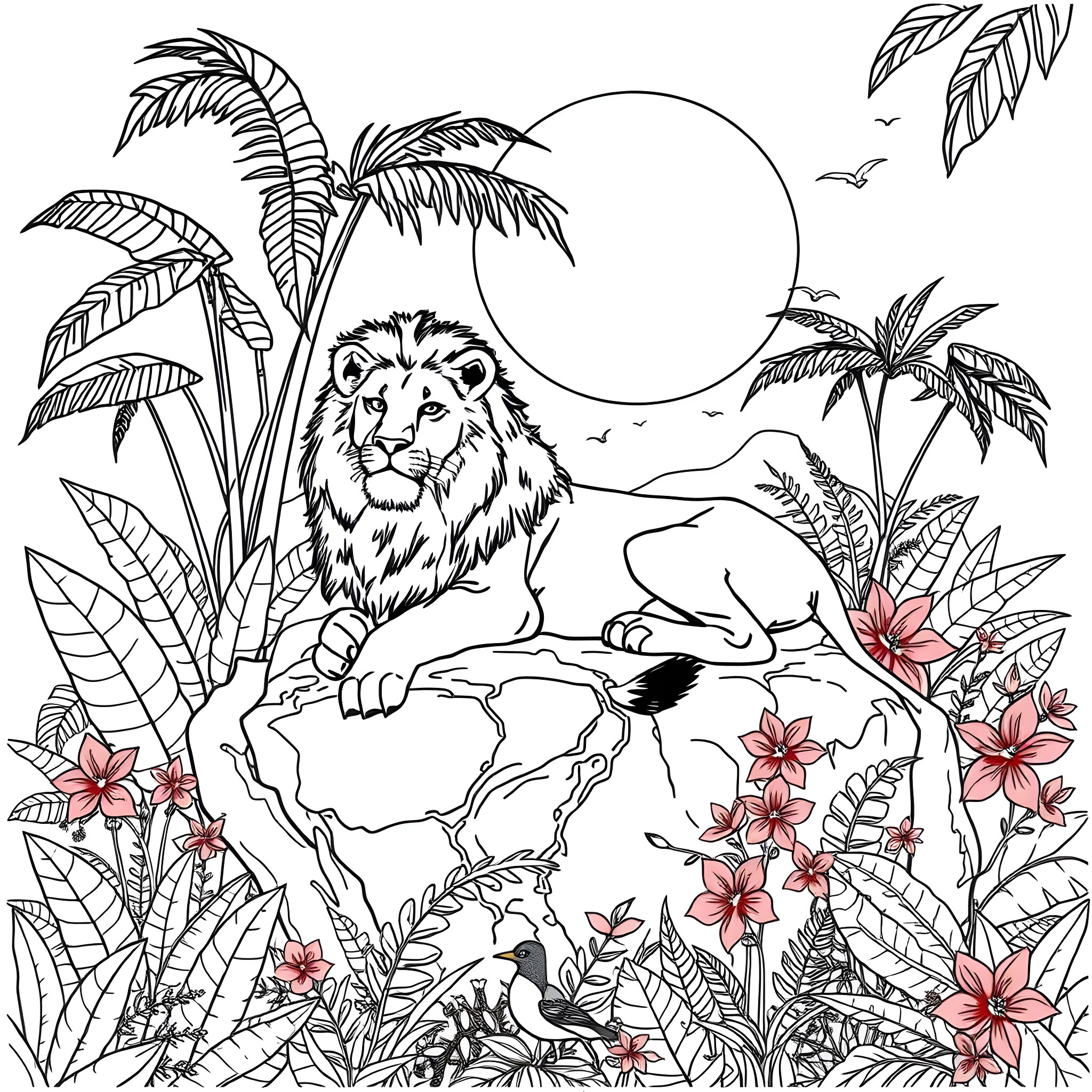 Lion Resting Majestically in Tropical Landscape Coloring Page (free black-and-white line drawing printable PDF for all, from beginners to advanced learners, including children, teens, adults, and seniors)