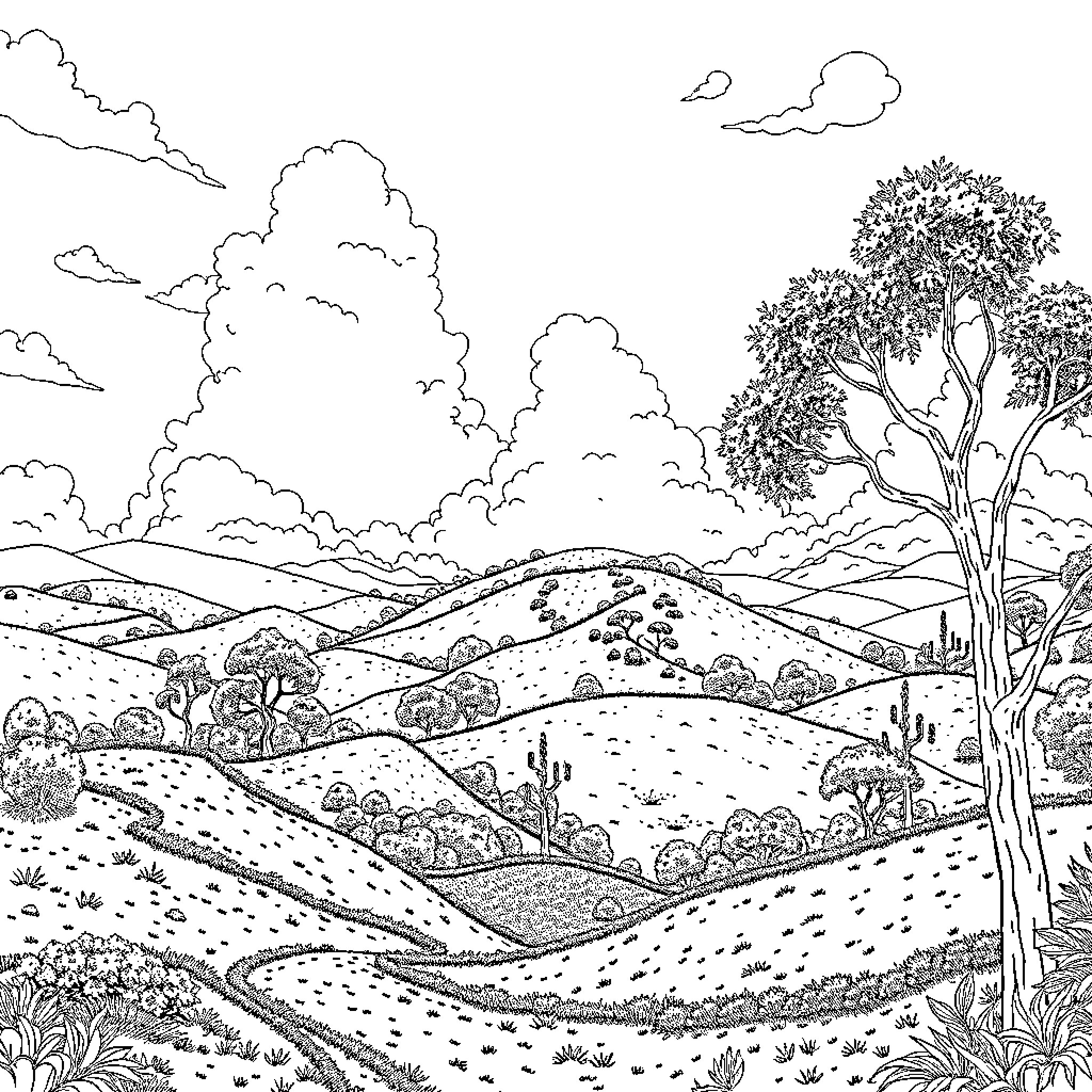 Ghibli Landscape with Rolling Hills and Whimsical Clouds Coloring Page (free black-and-white line drawing printable PDF for all, from beginners to advanced learners, including children, teens, adults, and seniors)