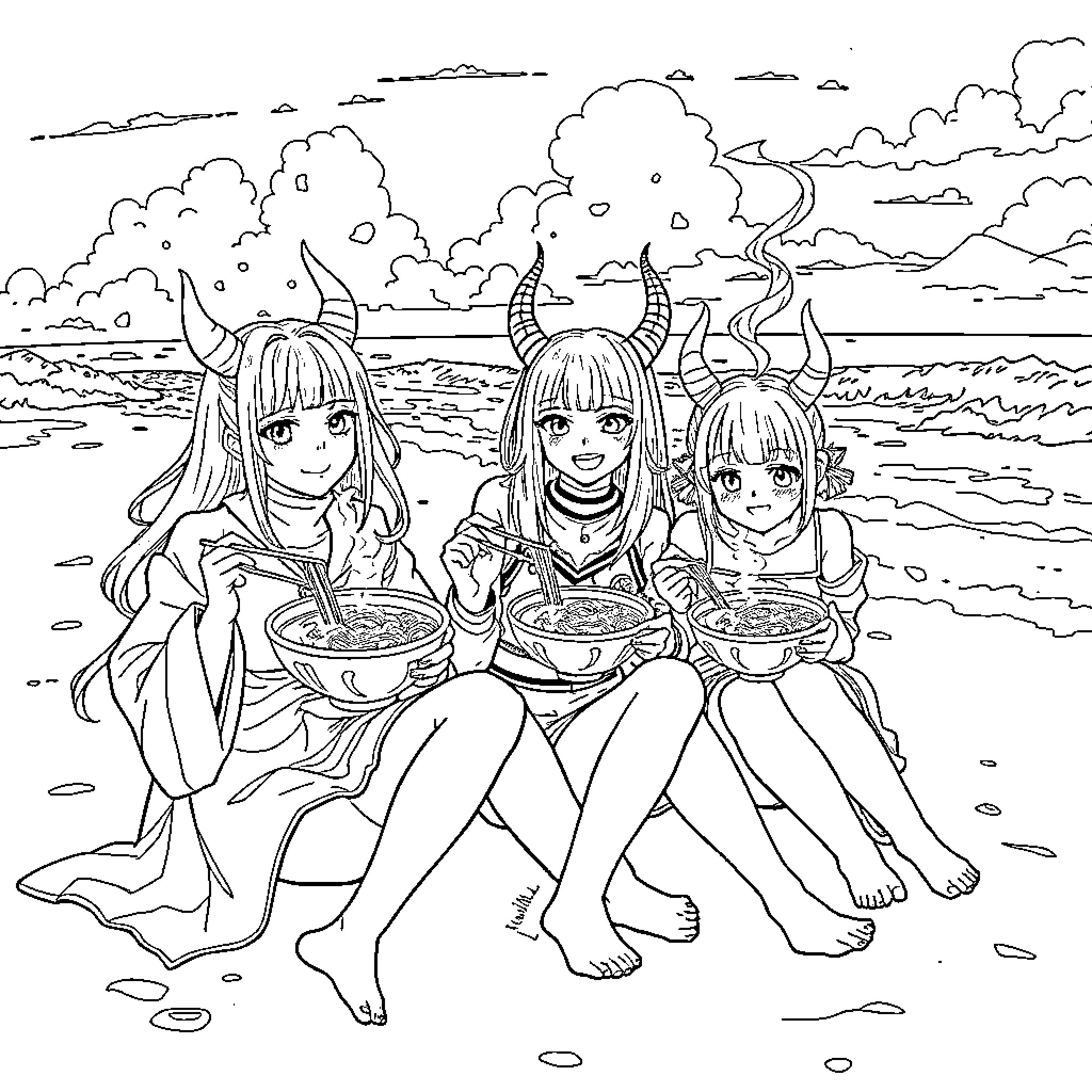 Kpop Demon Hunters Enjoying a Peaceful Picnic Coloring Page (free black-and-white line drawing printable PDF for all, from beginners to advanced learners, including children, teens, adults, and seniors)