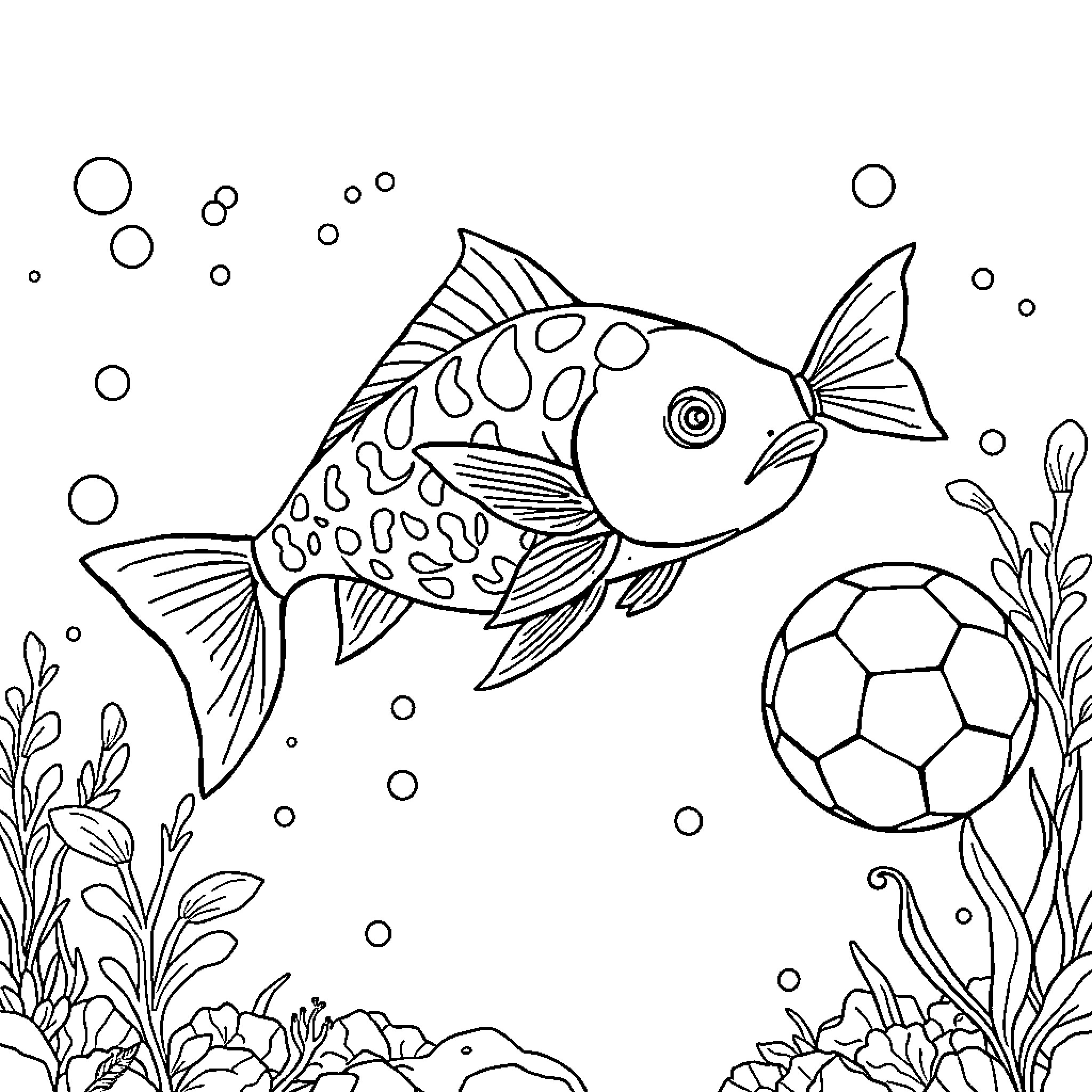 Fish playing with soccer ball in underwater scene Coloring Page (free black-and-white line drawing printable PDF for all, from beginners to advanced learners, including children, teens, adults, and seniors)